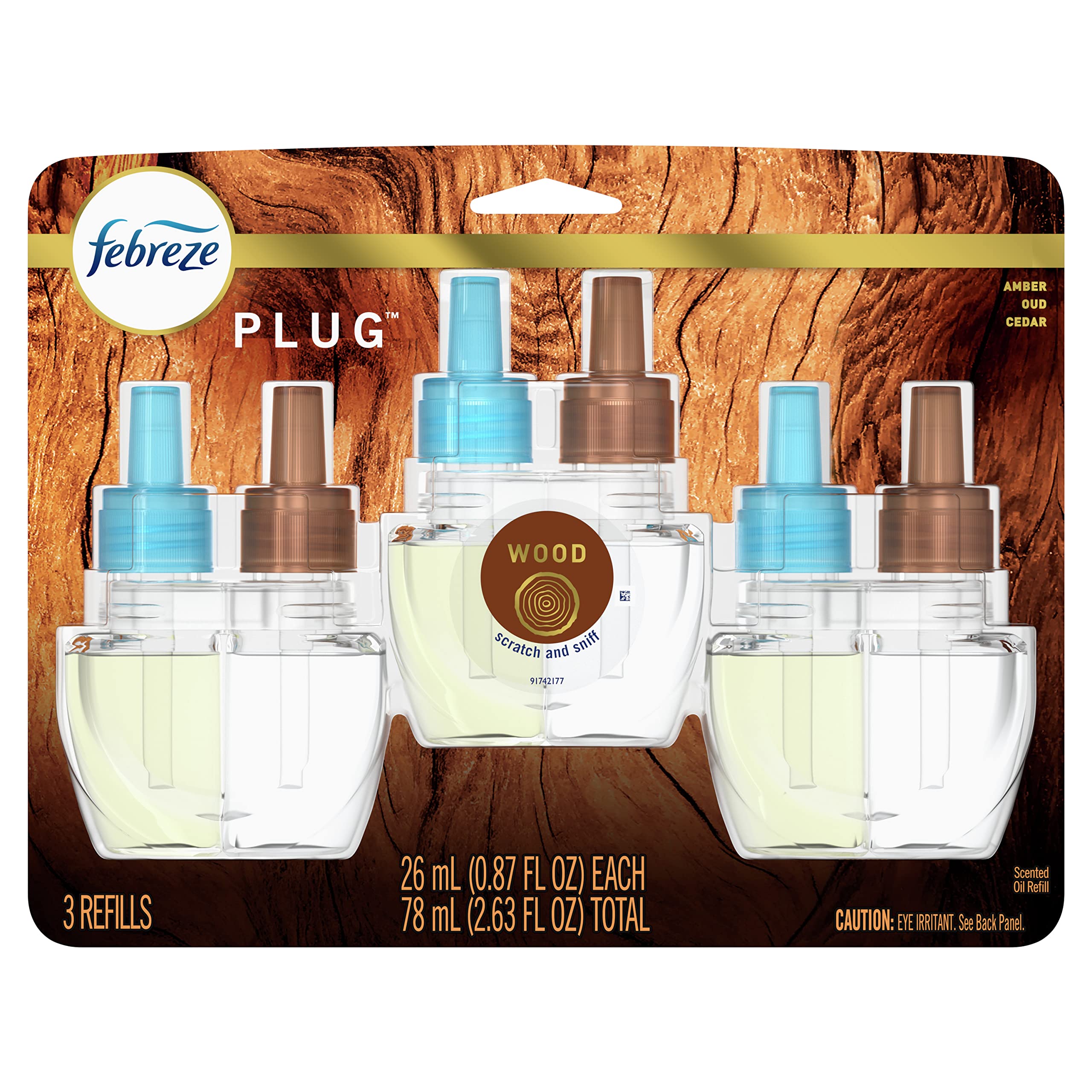 Febreze Origins Fade Defy Plug Air Freshener & Odor Fighter, Wood, (3) .87 Fl. Oz. Oil Refills