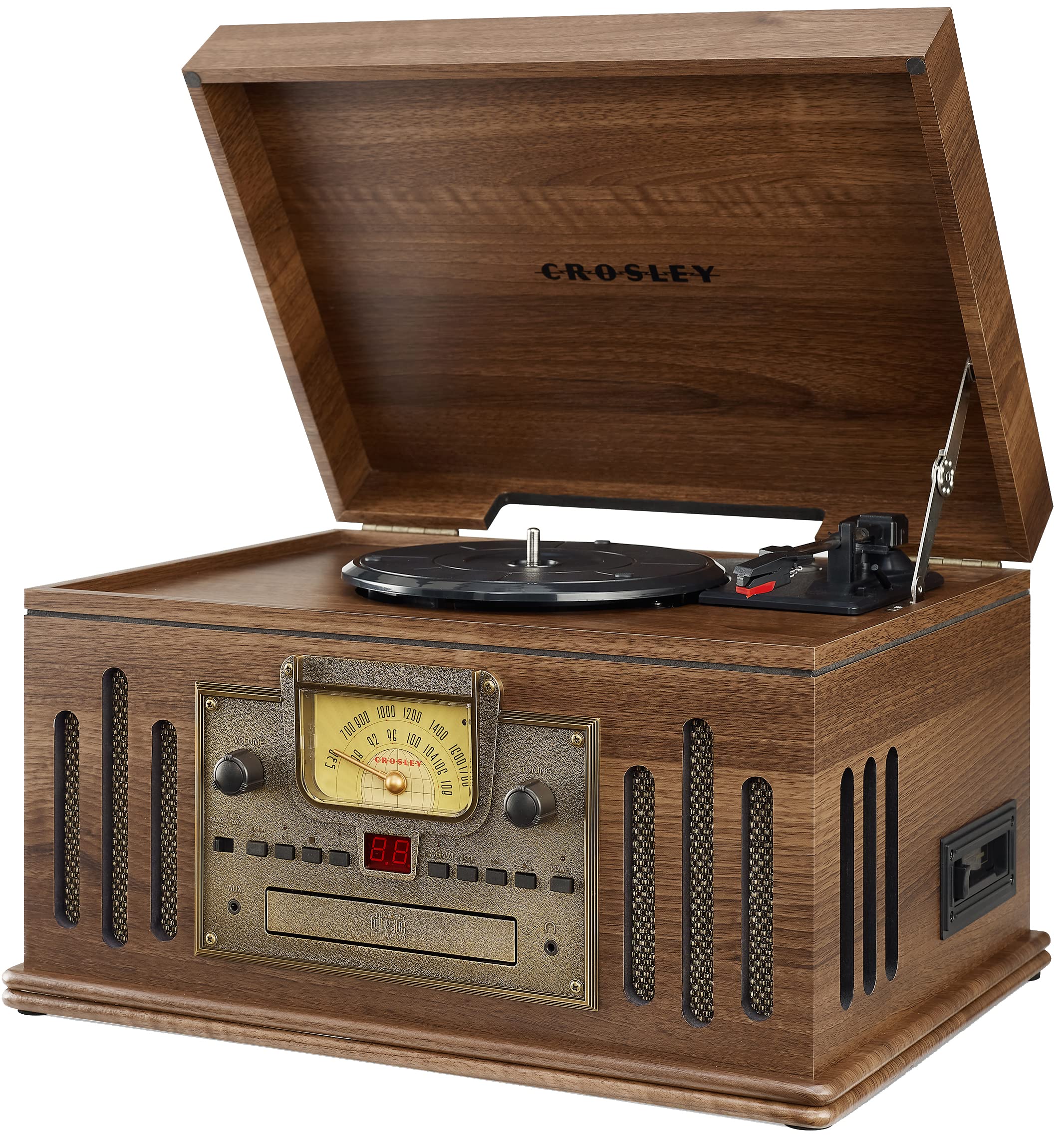 Crosley Cr704B Wa Musician 3 Speed Turntable With Radio, Cd/Cassette Player, Aux In And Bluetooth, Walnut