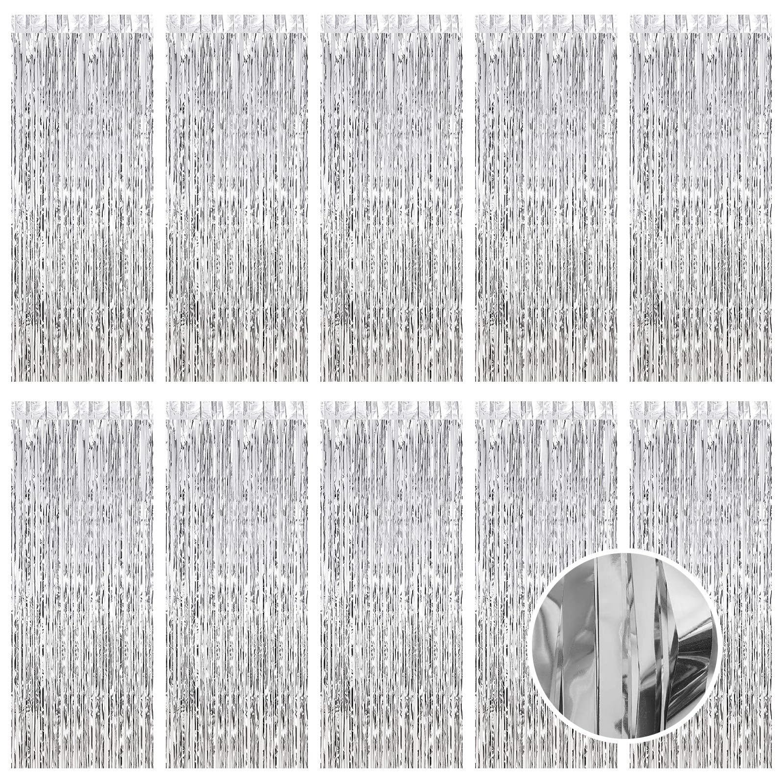 10 Pack Silver Foil Curtain Backdrop 3.2Ft X 9.8Ft Silver Metallic Tinsel Foil Fringe Curtains Streamer Photo Booth Backdrop For