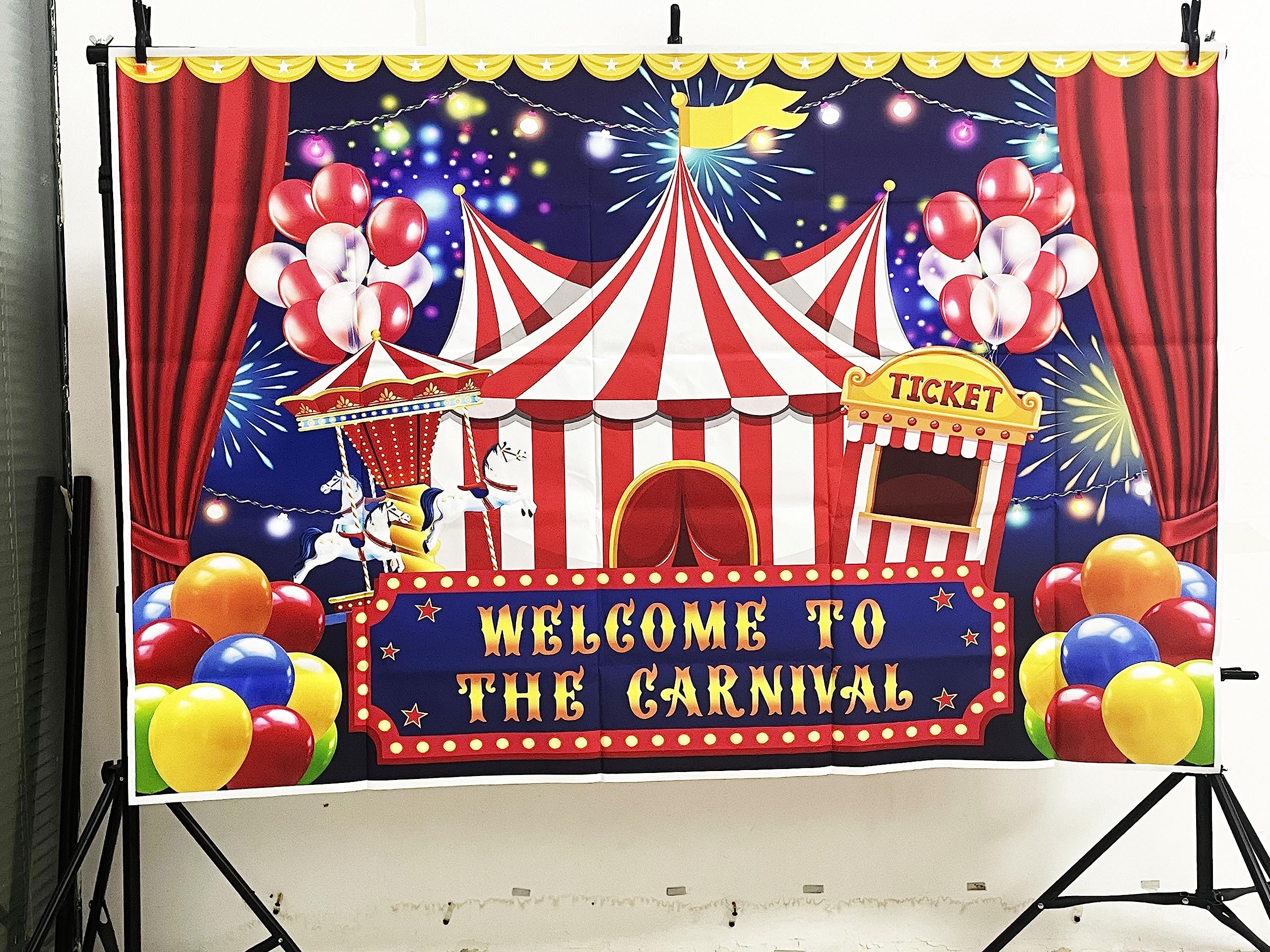 7X5Ft Carnival Circus Backdrop Circus Tent Party Backdrop Carousel Ticket Booth Background Child Kid Boy Baby 1St Birthday Carni