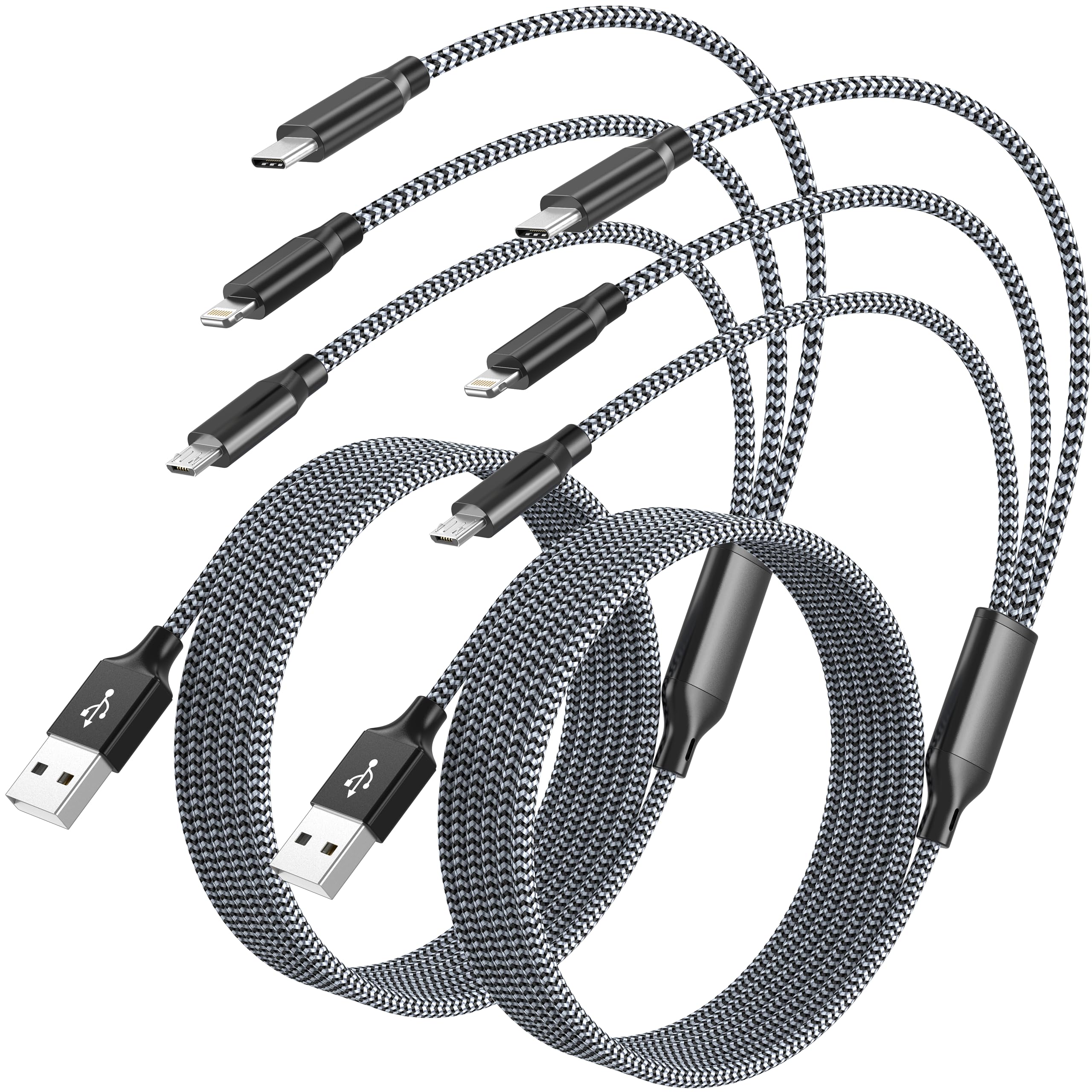 Lightning Cable 3 In 1 Multi Charging Cord 2Pack 4Ft Nylon Braided Multiple Iphone Charger Wire Mfi Certified Universal For Appl