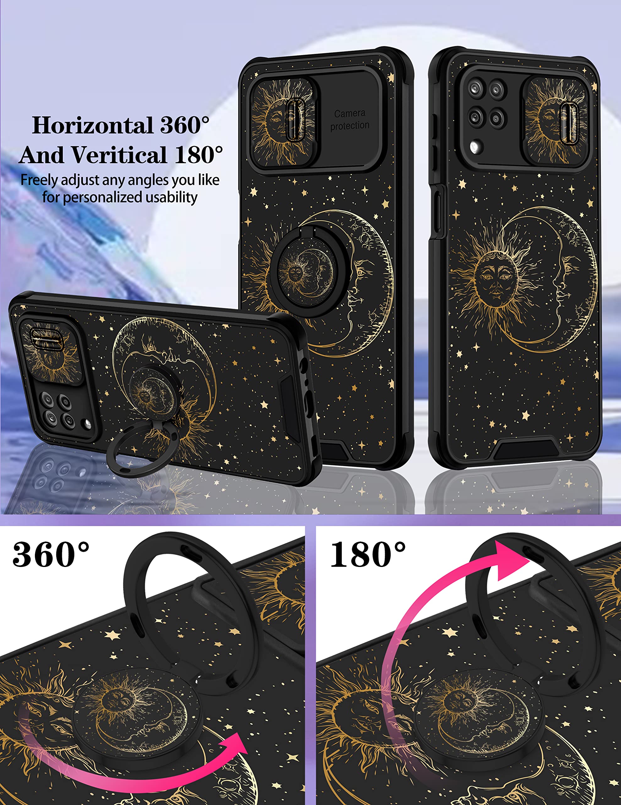 Goocrux (2In1 For Samsung Galaxy A12 Case Sun And Moon Women Girls Cute Stars Space Phone Cover With Slide Camera Cover+Ring Hol