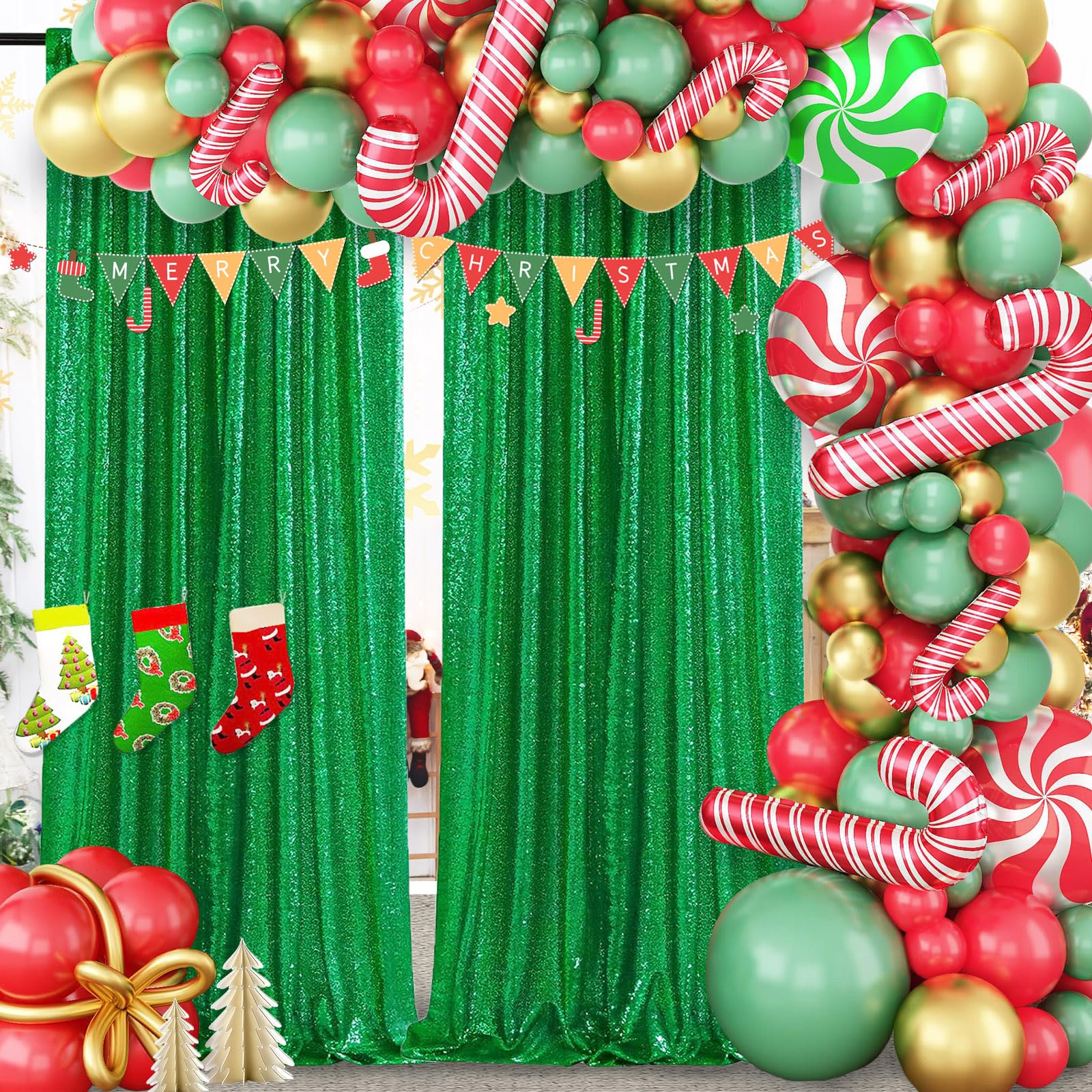 Sequin Curtains Christmas Backdrop 3 Panels Sequin Fabric 2Ftx8Ft Green Photography Background Wedding Photo Booth Backdrop