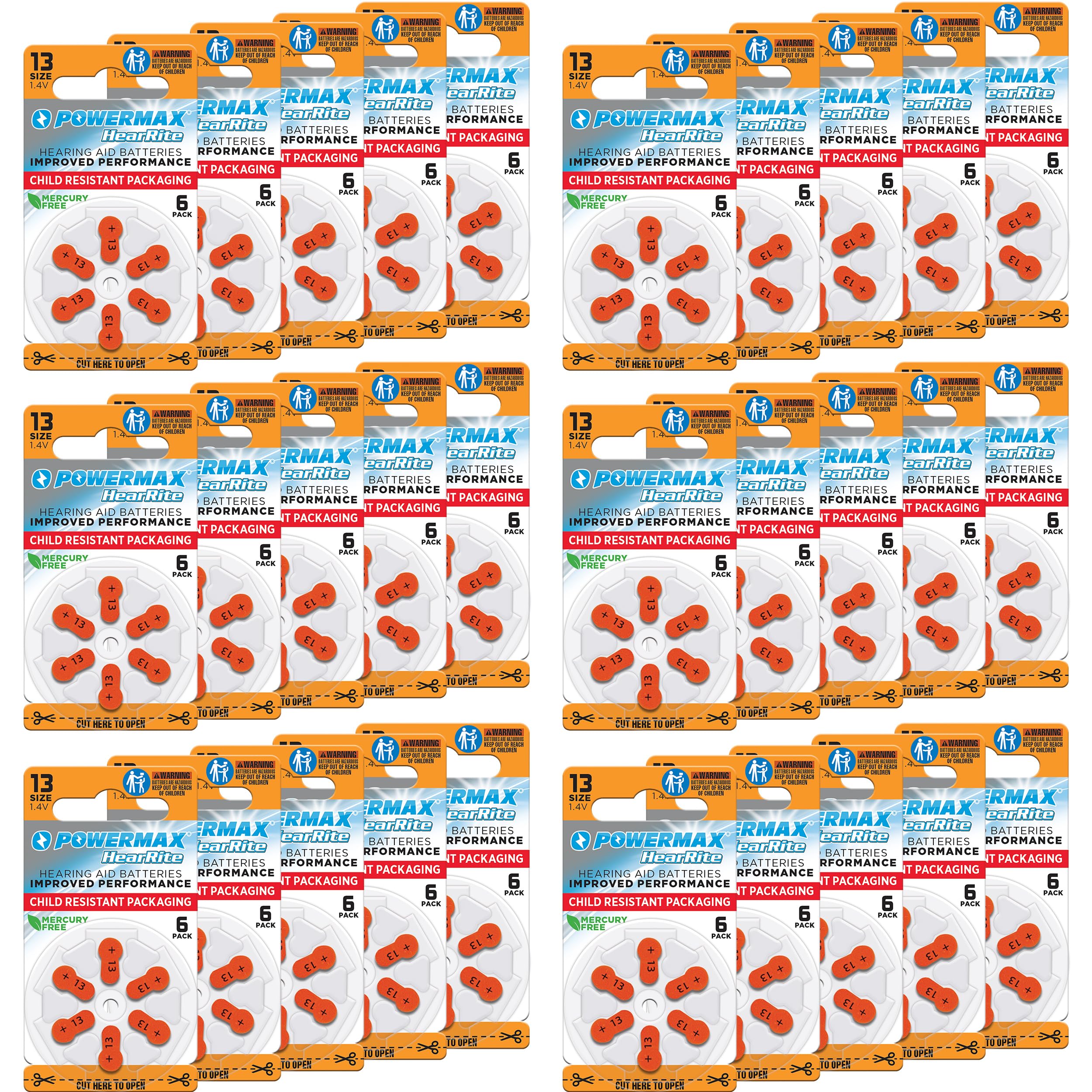 Powermax Size 13 Hearing Aid Batteries, 180 Count Long Lasting Battery Pack, Orange Long Tab For Easy Change