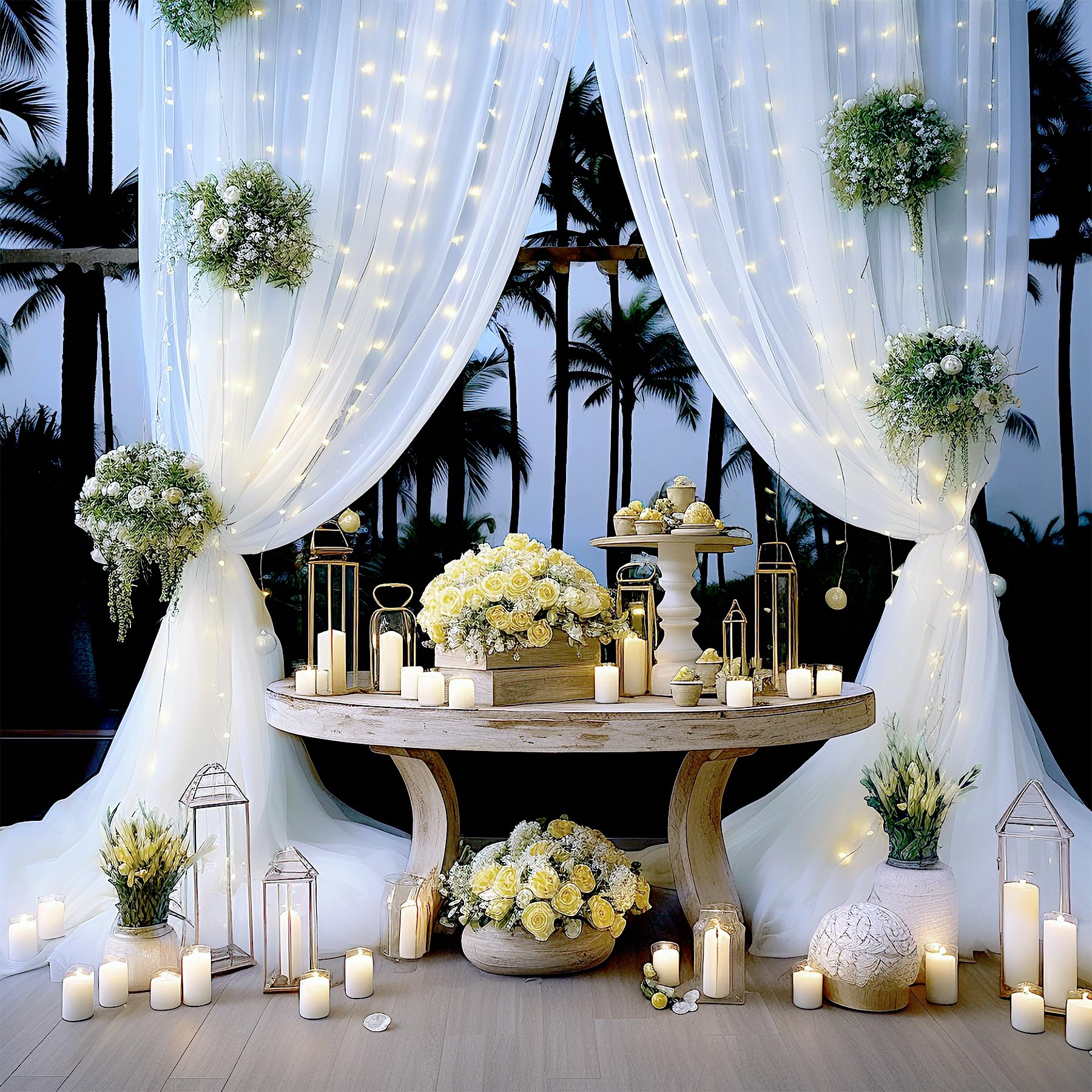 White Tulle Backdrop Curtain With Lights String For Parites 10  8Ft Sheer Backdrop Curtains White Curtain Backdrop For Wedding B