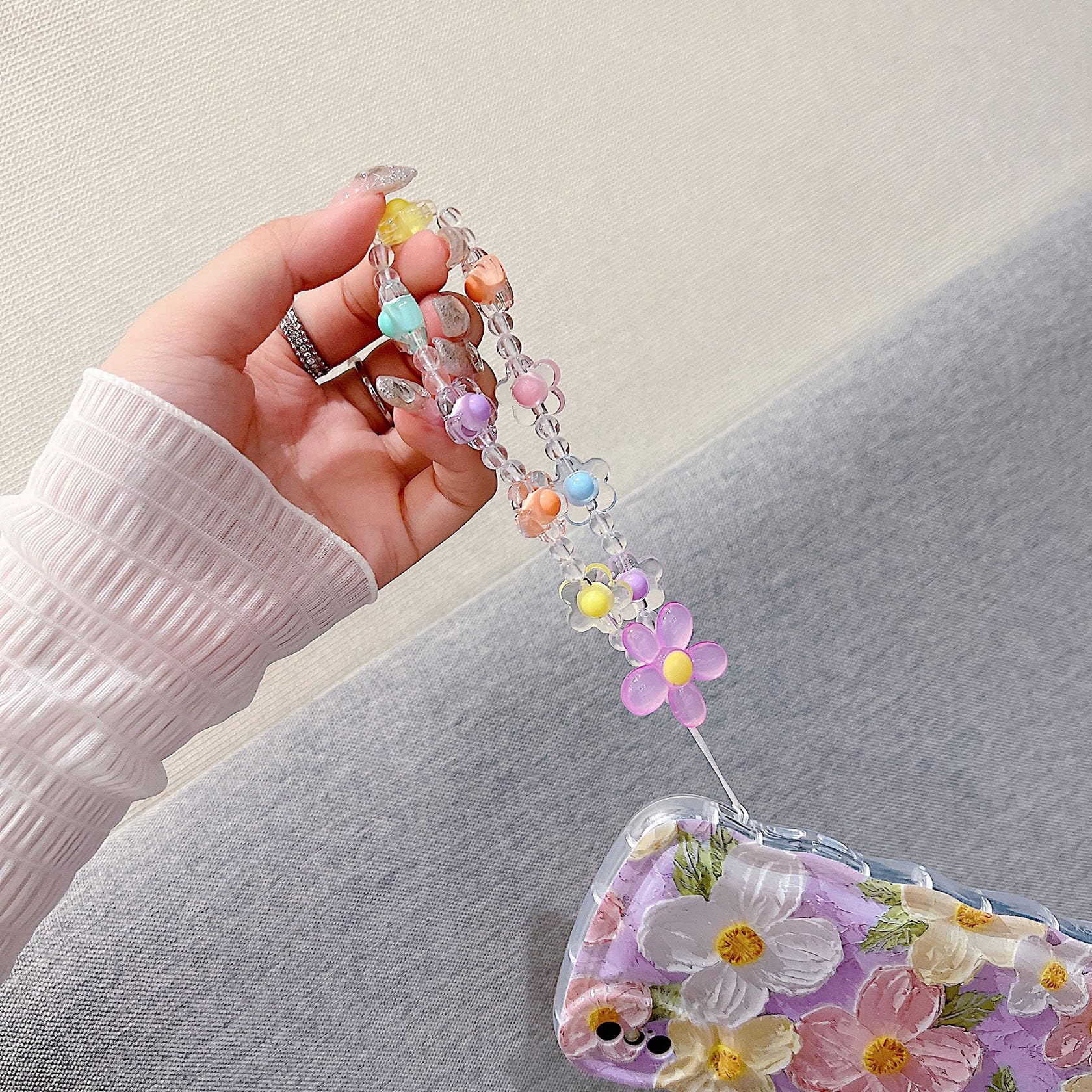 For Iphone X Iphone Xs Curly Wavy Case, Cute Colorful Retro Oil Painting Flower Glossy Pattern [With Bead Chain], Slim Fit Shock