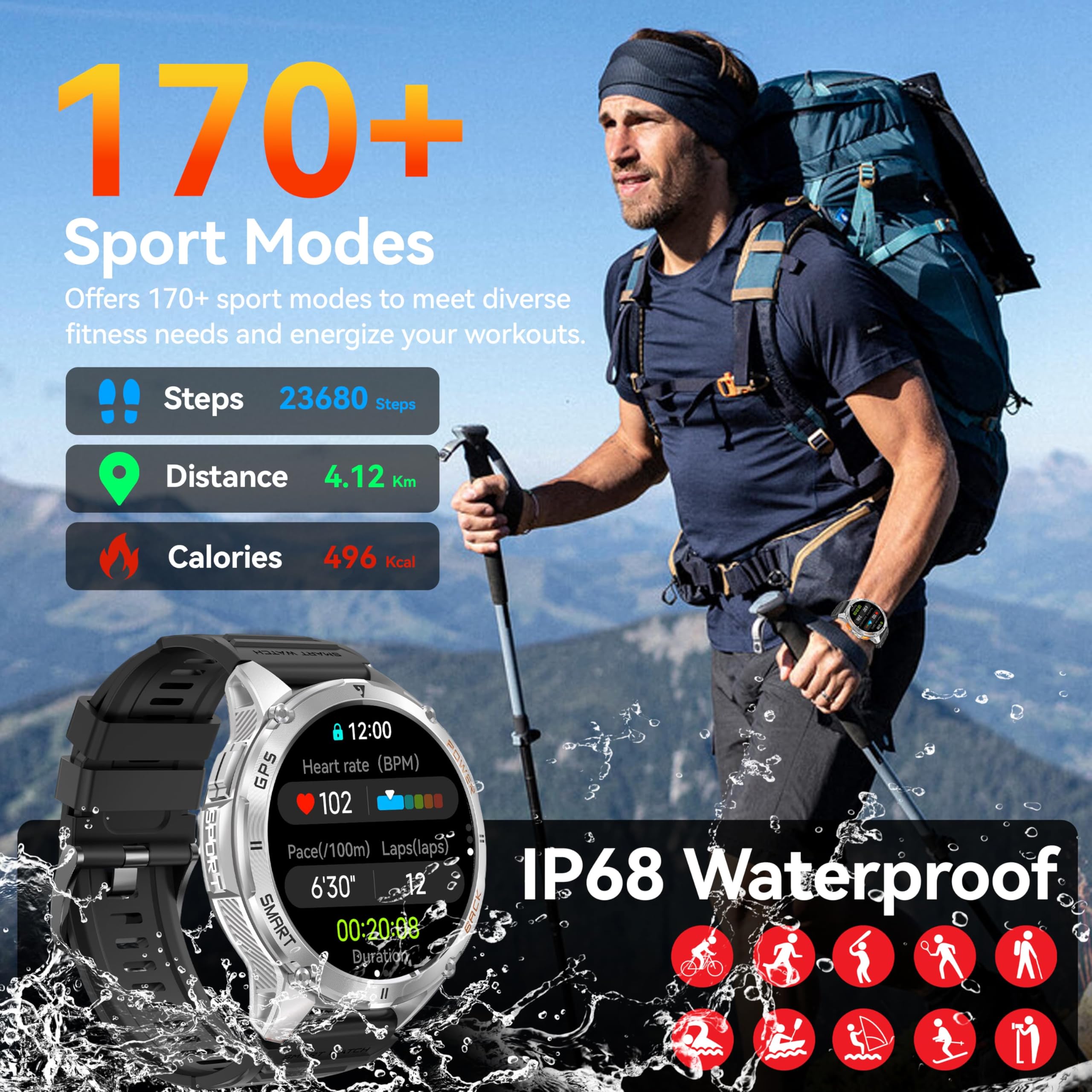 Kpep Military Smart Watches For Men With Gps, 1.43 Amoled/2 Straps/Led Flashlight/Ip68 Waterproof Smartwatch, Make/Answer Calls,