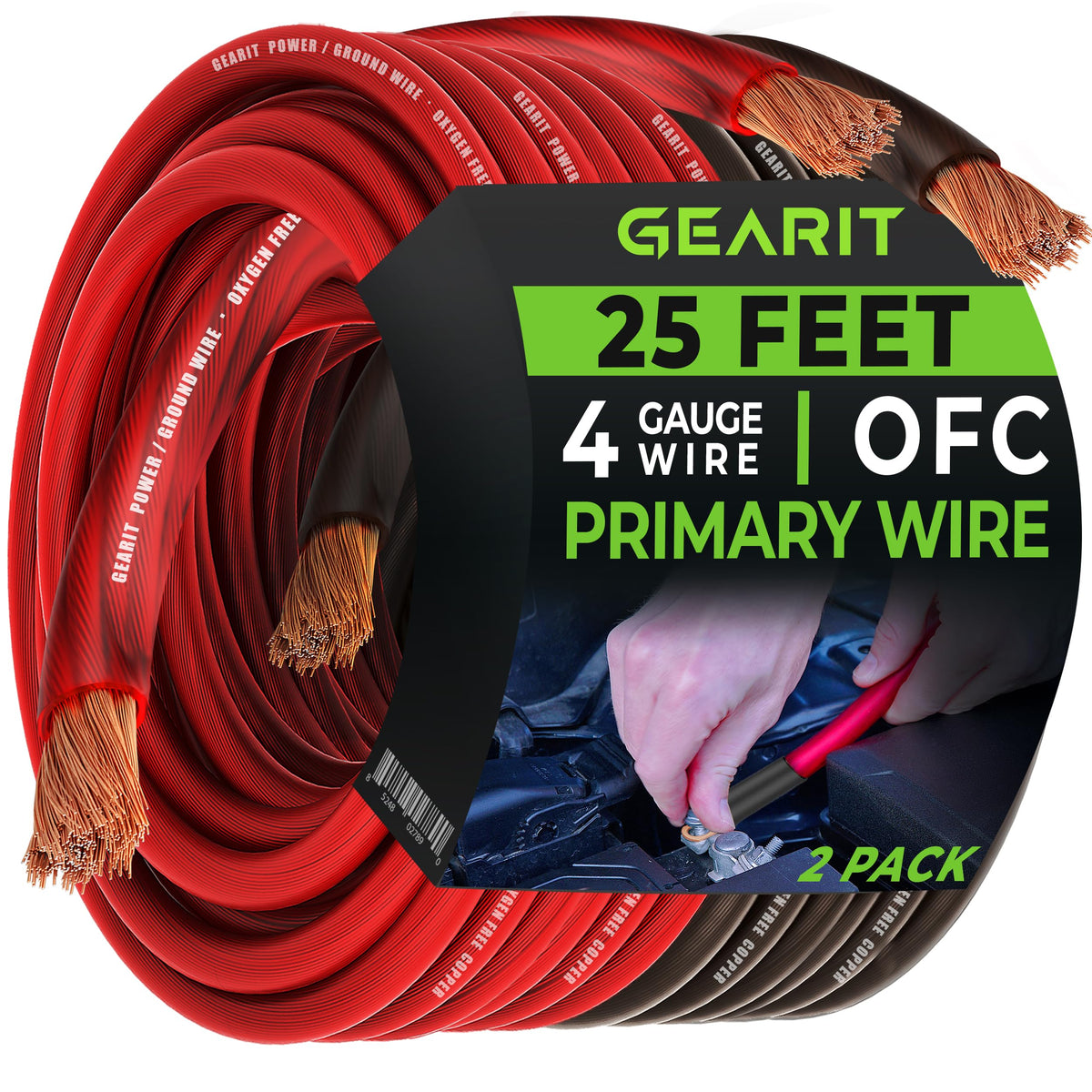 Gearit 4 Gauge Wire Oxygen Free Copper Ofc (25Ft Each  Black/Red Translucent) 4 Awg   Primary Automotive Wire Power/Ground, Batt