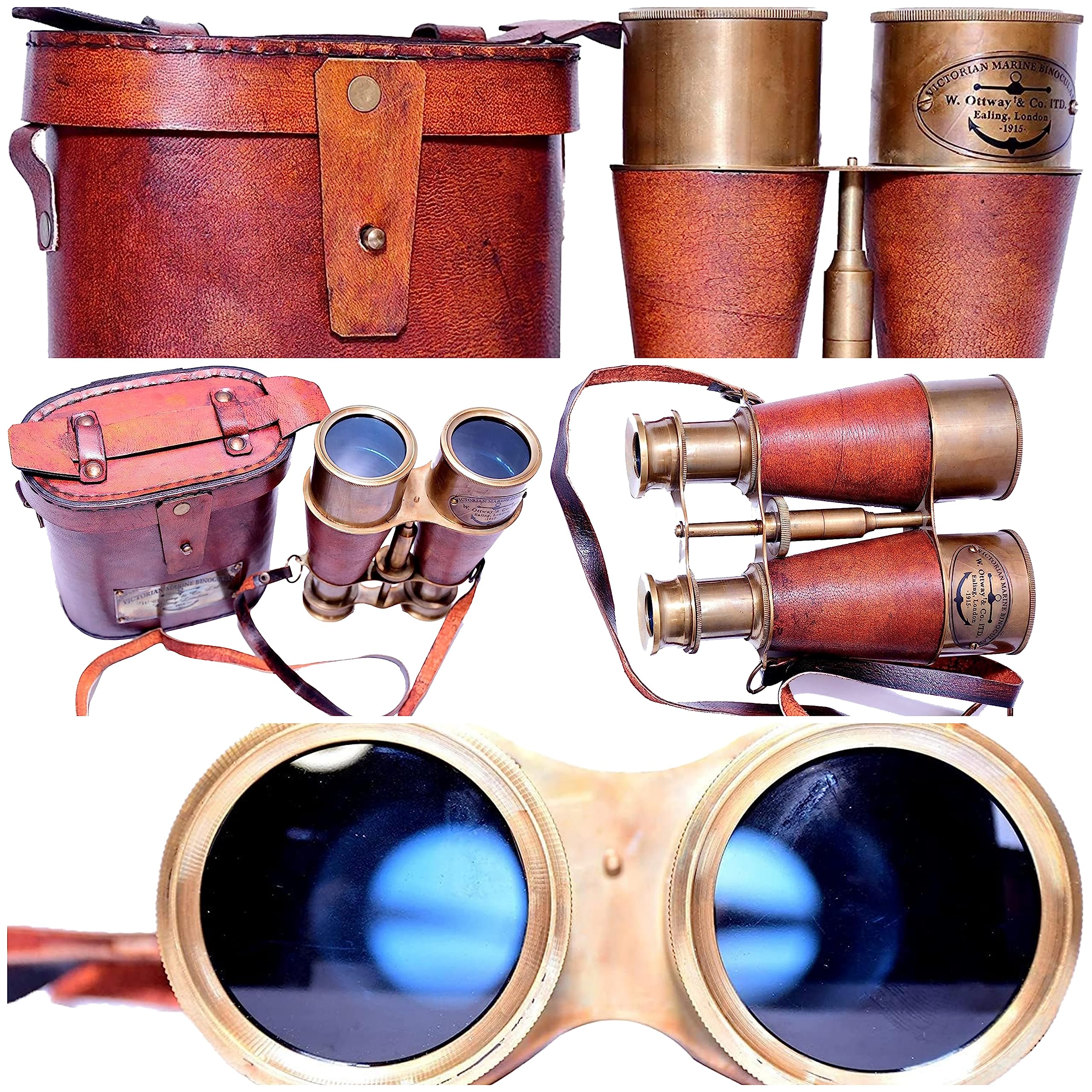 Nautical Antique Victorian Marine Brass Leather Binocular Opera Glasses & Spyglass London 1915 Home & Office Decor (Orange)   Na