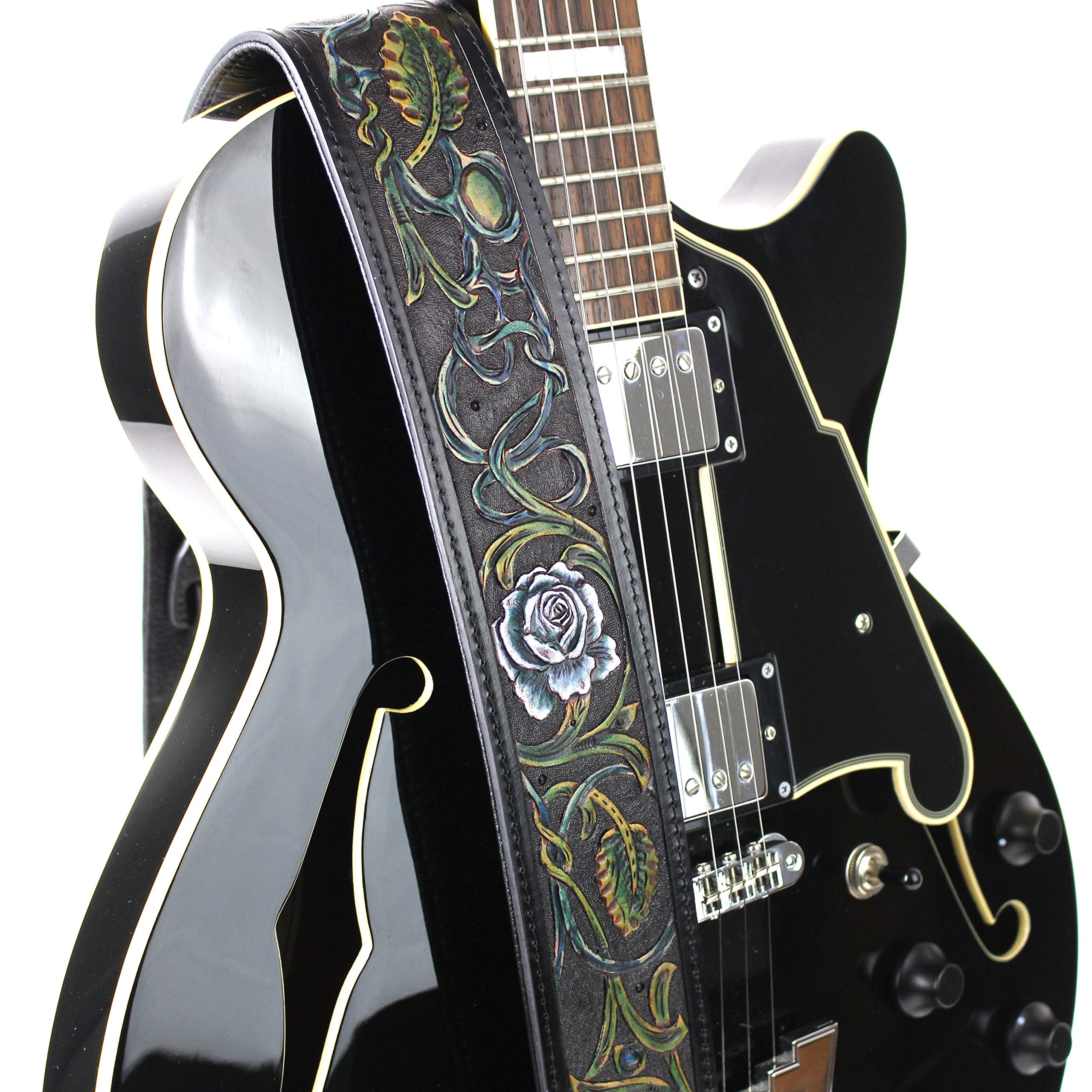 Walker And Williams Lhr 13 Handmade Black Premium Carved Leather Guitar Strap With Prussian Blue And White Western Floral Carvin