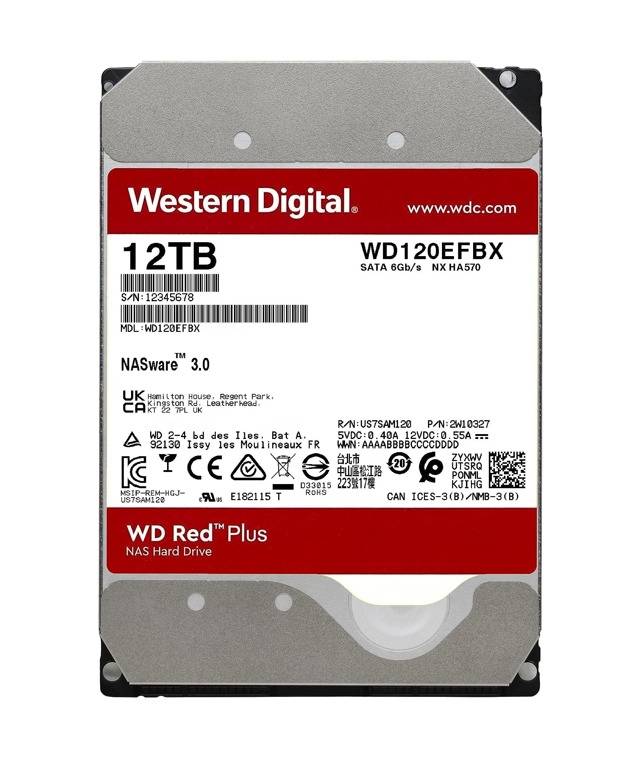 Western Digital 12Tb Wd Red Plus Nas Internal Hard Drive Hdd - 7200 Rpm, Sata 6 Gb/S, Cmr, 512 Mb Cache, 3.5 - Wd120Efbx