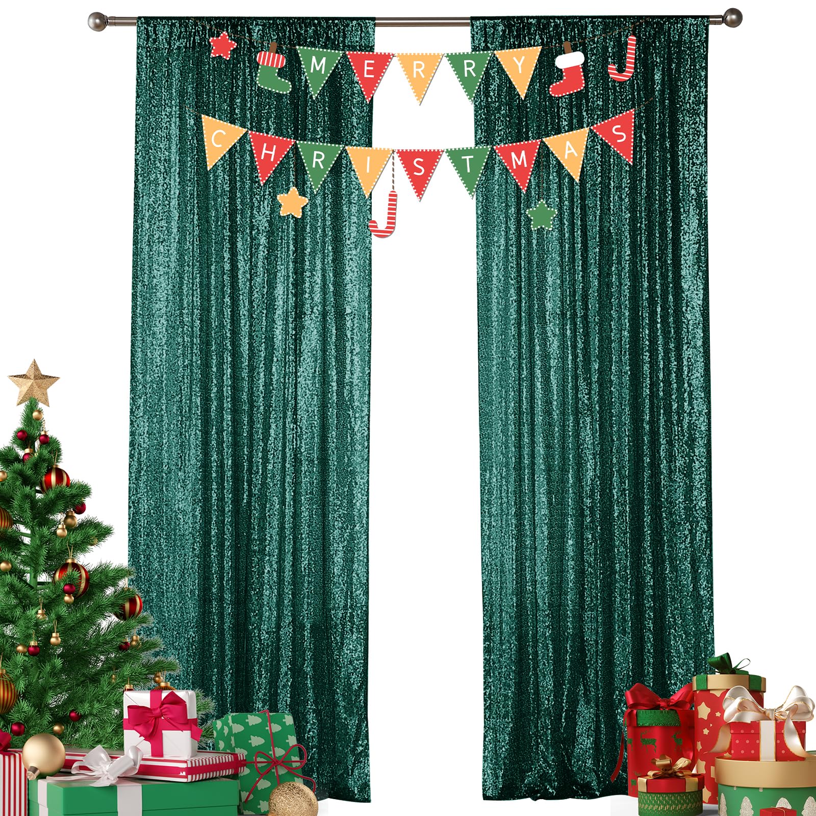 Sugargirl Dark Green Sequin Backdrop Curtain 2 Panels 2Ftx8Ft Glitter Dark Green Background Drapes Sparkle Photography Backdrop