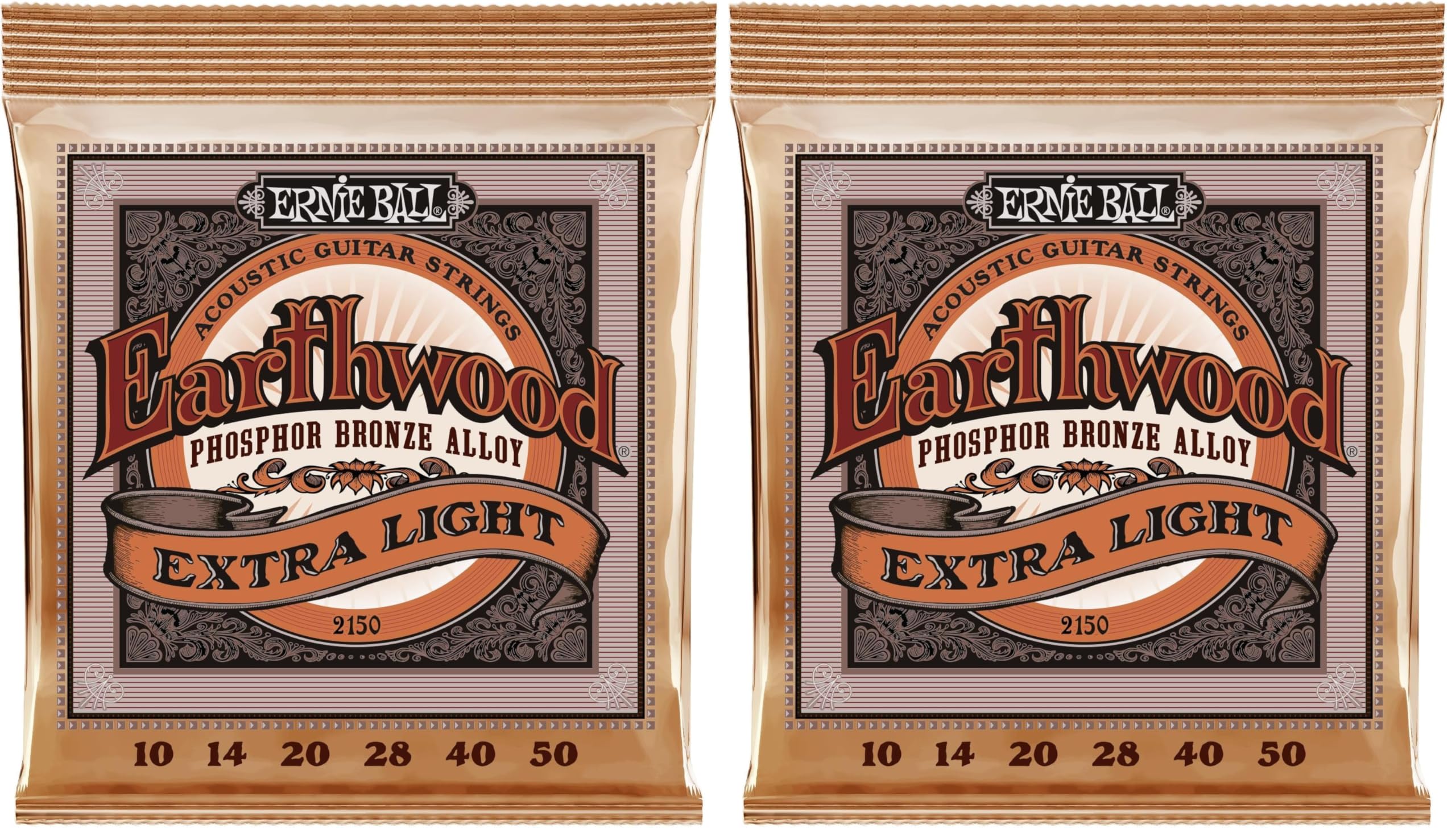 Ernie Ball Earthwood Extra Light Phosphor Bronze Acoustic Guitar Strings, 10-50 Gauge (P02150) (Pack of 2)