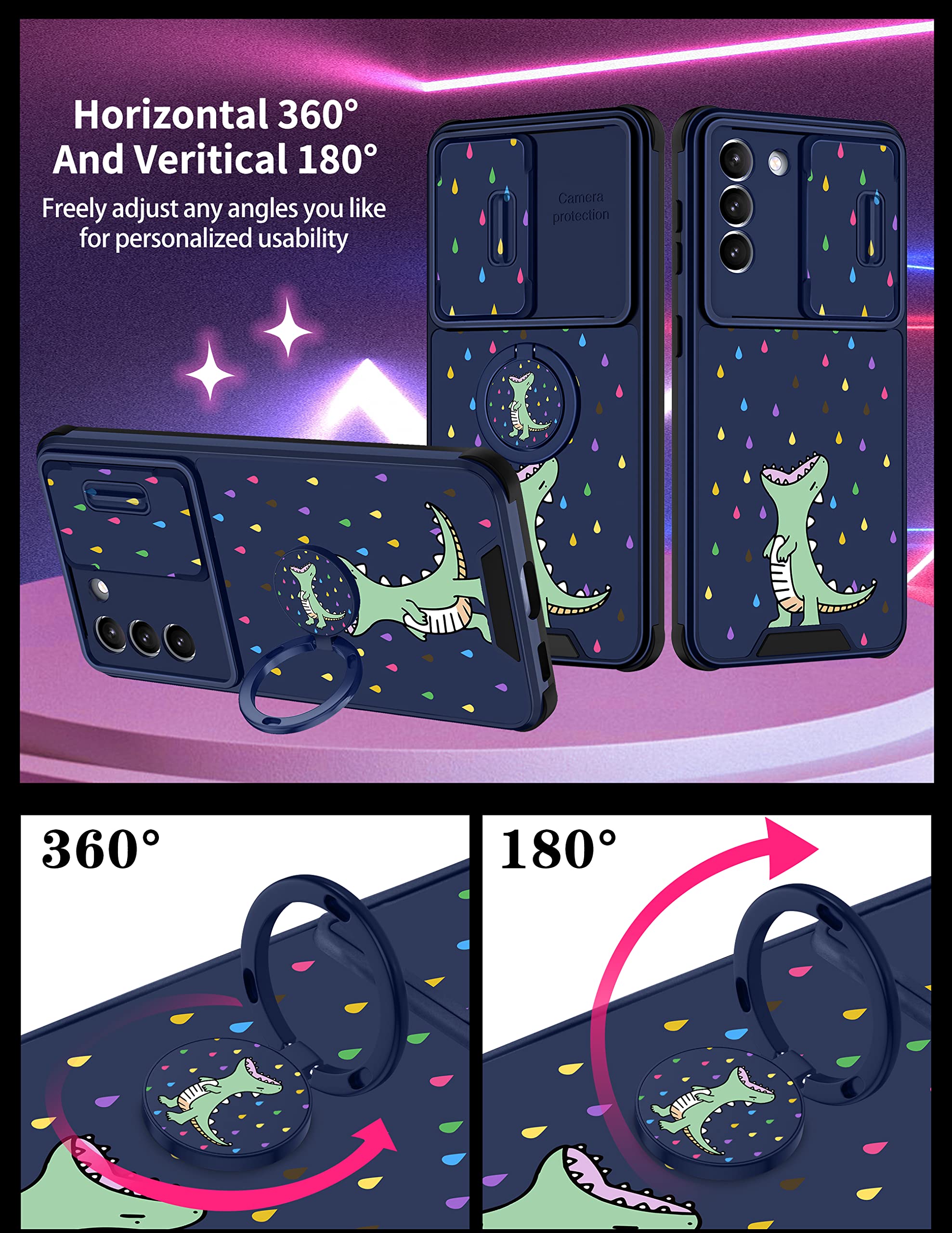 Goocrux (2In1 For Samsung Galaxy S21 Case Dinosaur Women Girls Cute Cartoon Phone Cover With Slide Camera Cover+Ring Holder Gree
