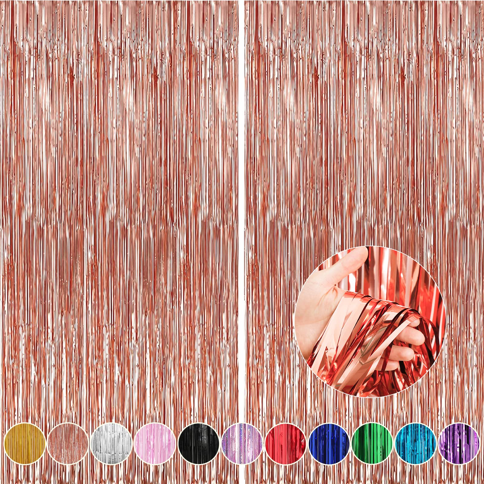 Crosize 2 Pack 3.3 X 9.9 Ft Rose Gold Foil Fringe Backdrop Curtain, Streamer Backdrop Curtains, Streamers Birthday Party Decorat