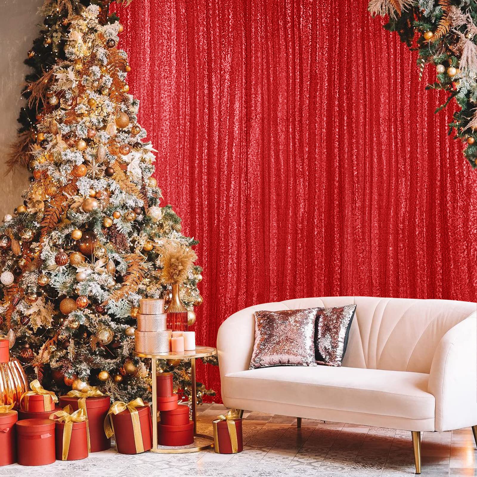 Hahuho Red Sequin Backdrop Curtain, 2Pcs 2Ftx8Ft Glitter Backdrop Curtain For Parties, Christmas, Wedding, Party Decoration(2 Pa