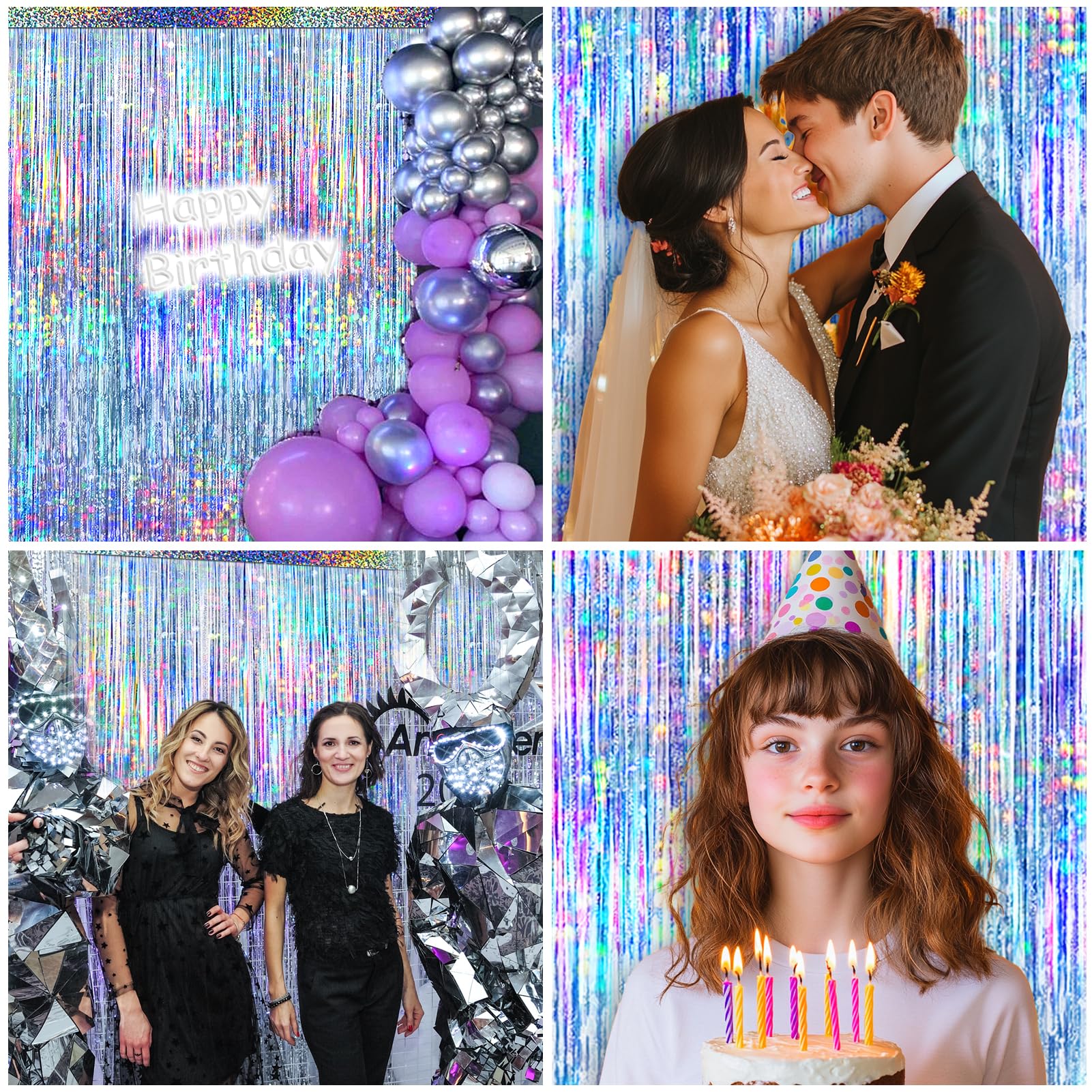 4 Packs Silver Foil Fringe Curtain, Silver Glitter Metallic Tinsel Backdrop For Birthday, Wedding, Baby Shower, 70S 80S 90S Them