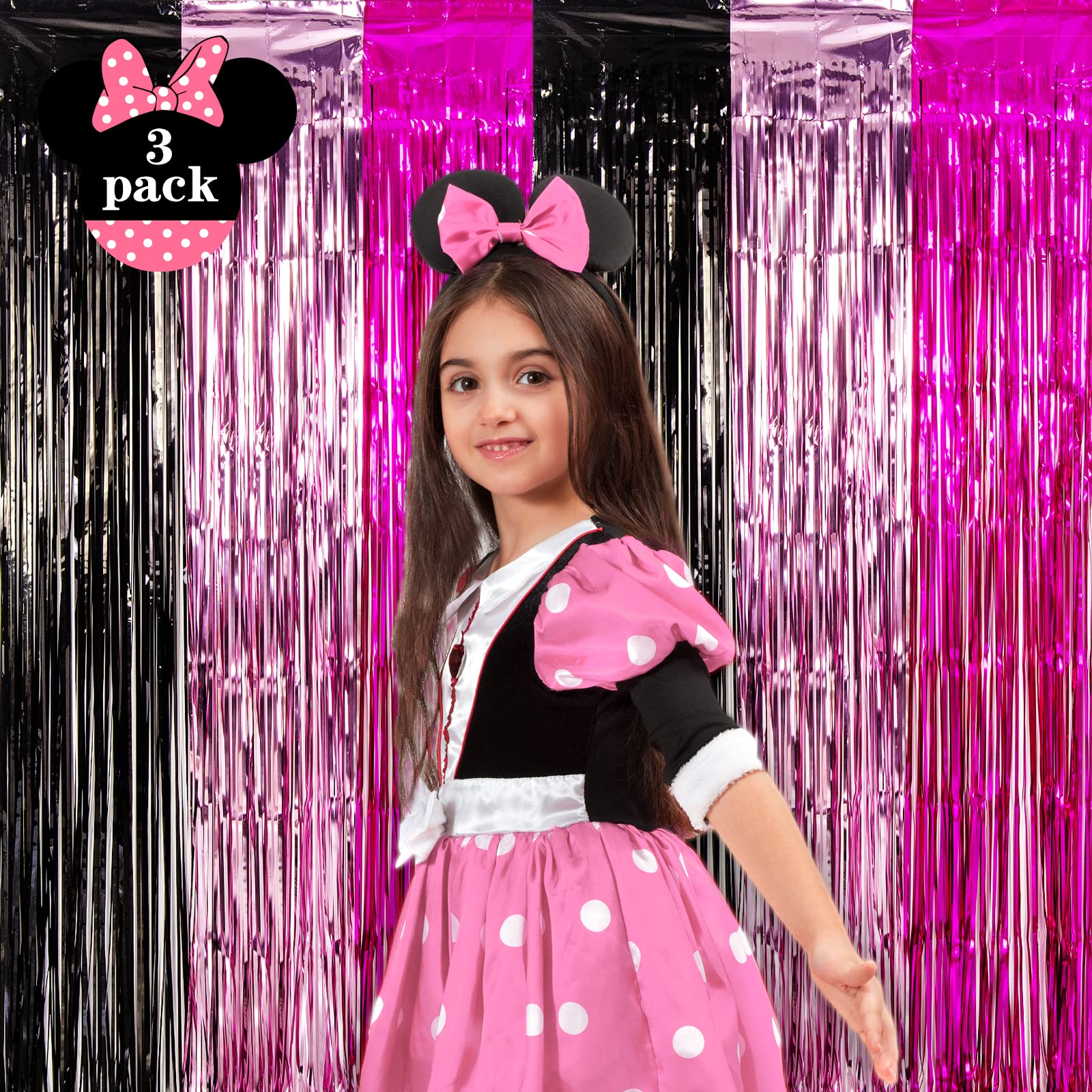 Lolstar 3 Pack Minnie Birthday Party Supplies,3.3X6.6 Ft Black Pink Fuchsia Tinsel Foil Fringe Curtains,Cartoon Mouse Photo Boot