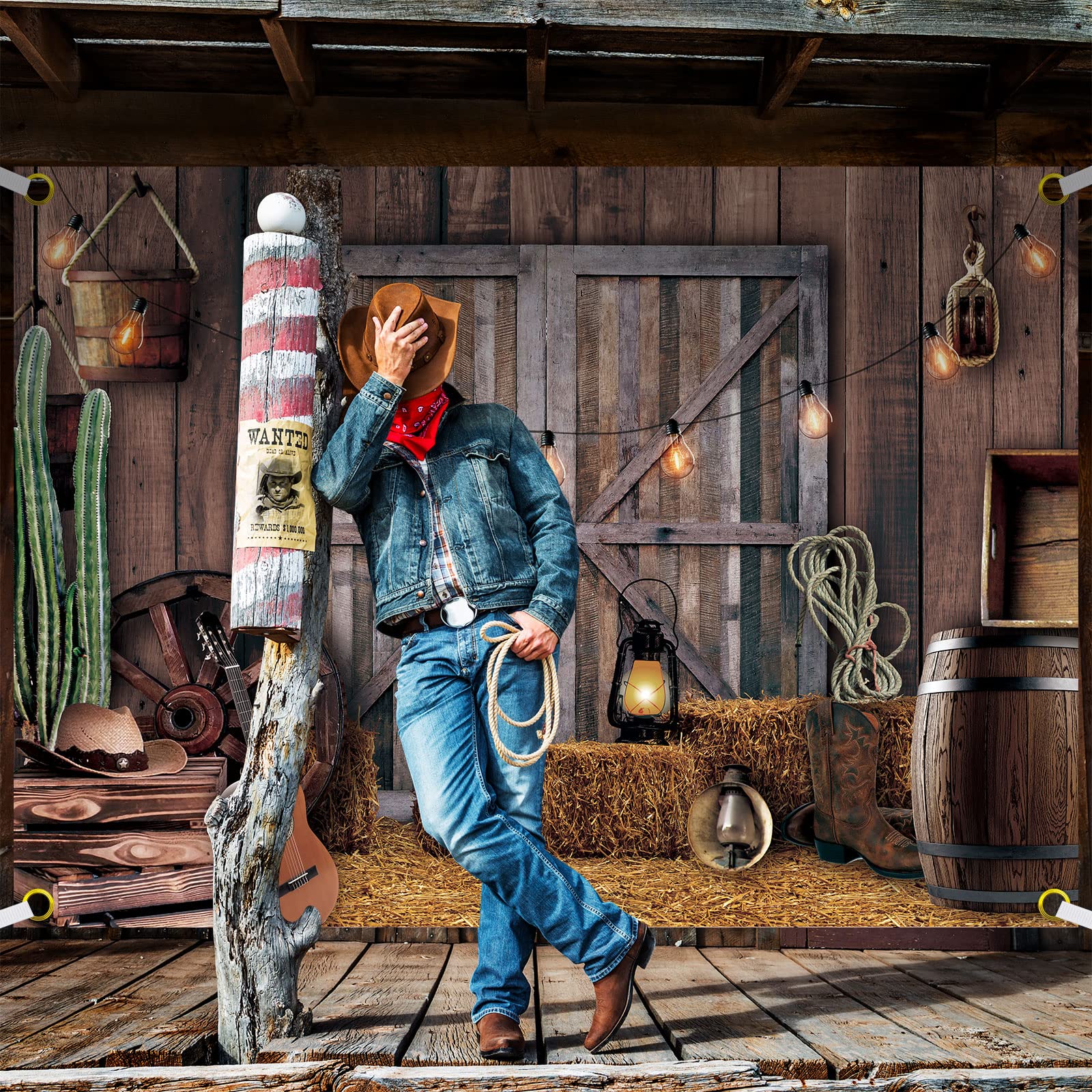 Moukeren Western Party Backdrop Western Cowboy Party Decoration Supply Wild West Decor Wooden House Barn Photo Background For Bi