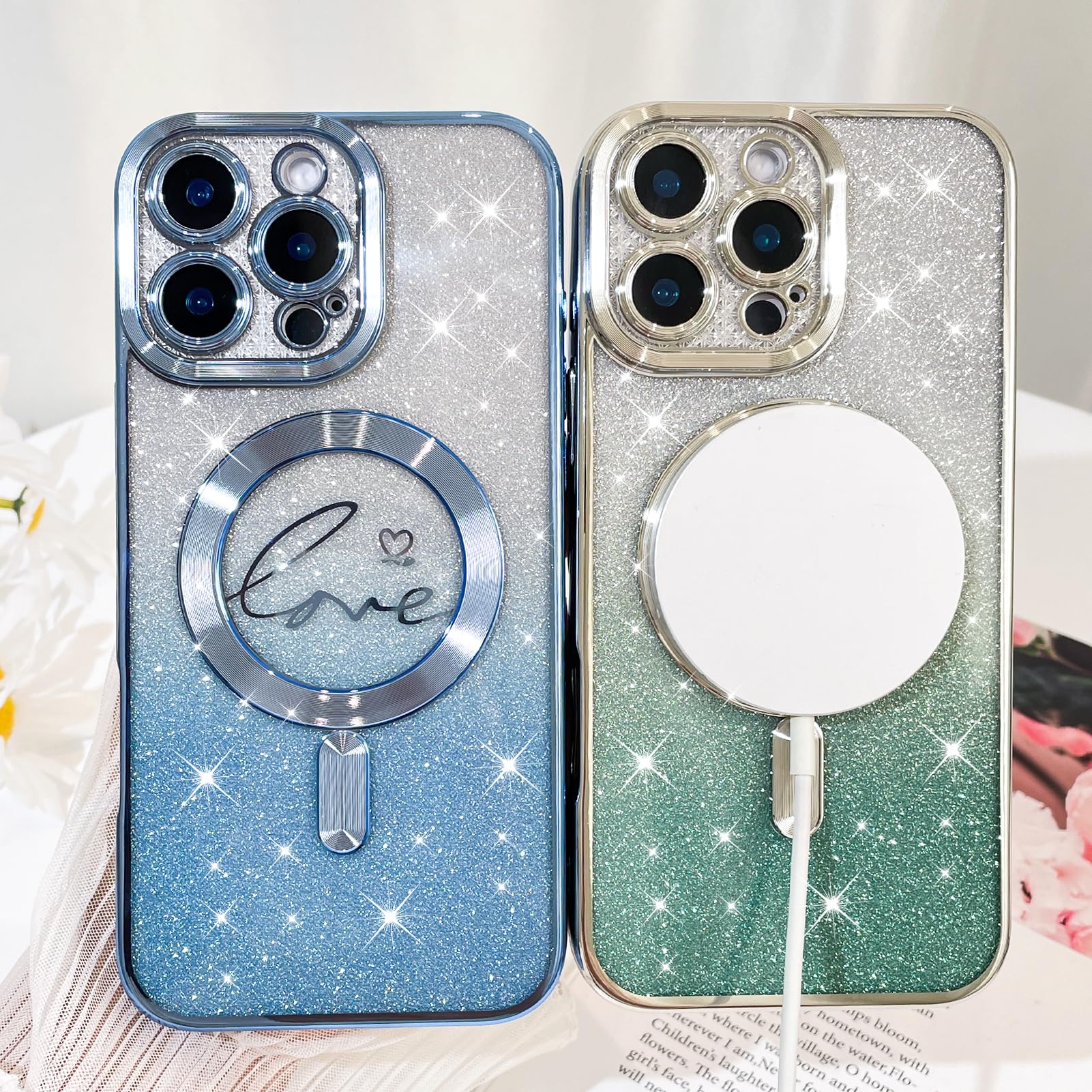 Fiyart Designed For Iphone 16 Pro Case,Compatible With Magsafe Love Hearts Plating Camera Protection Clear Phone Case, Magnetic