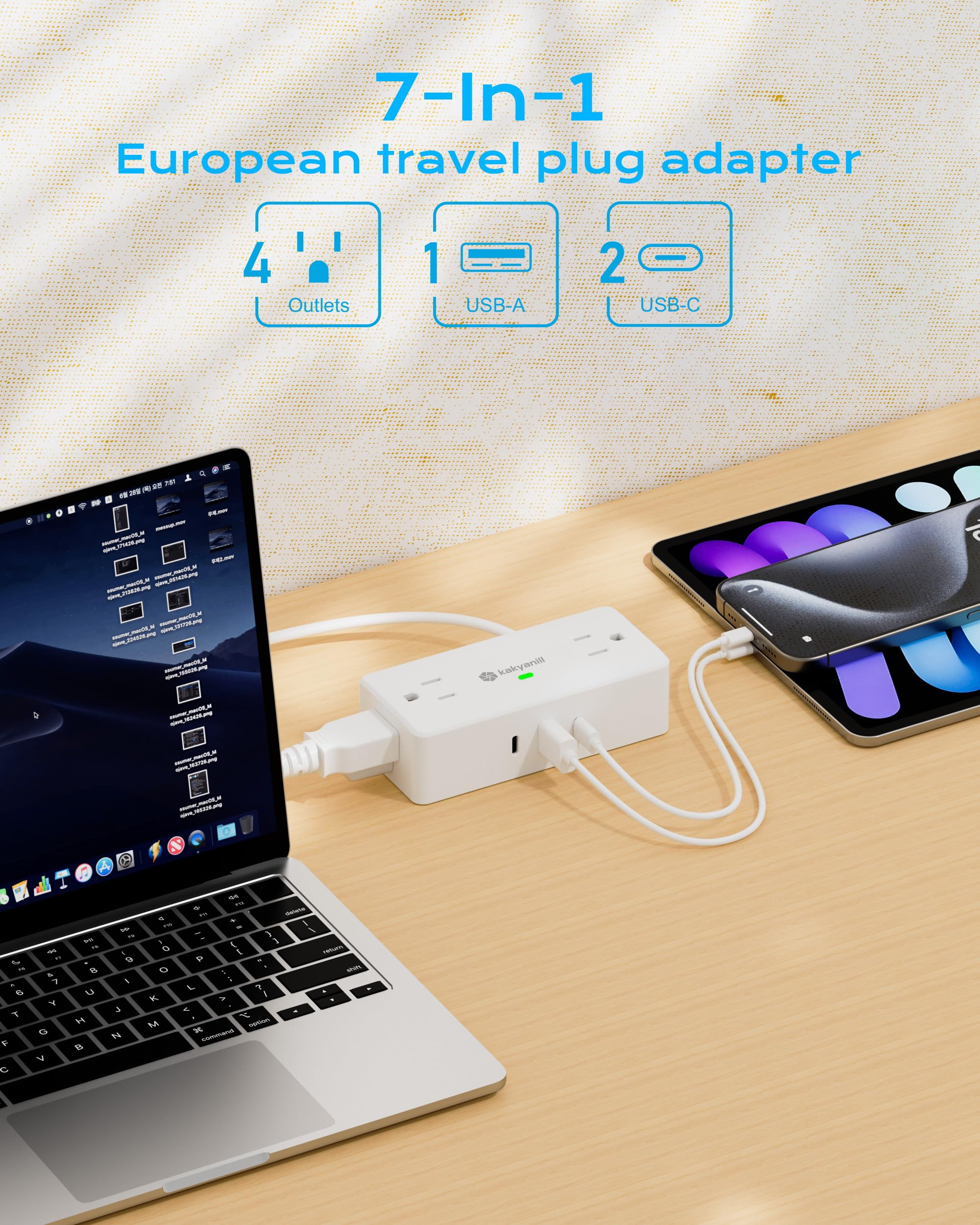 Kakyanill European Travel Plug Adapter, Eu/Uk/Jp Plug Adapter, 4 Ac Outlets, 3 Usb Ports (2 Usb C), 5Ft Flat Extension Cord, Com
