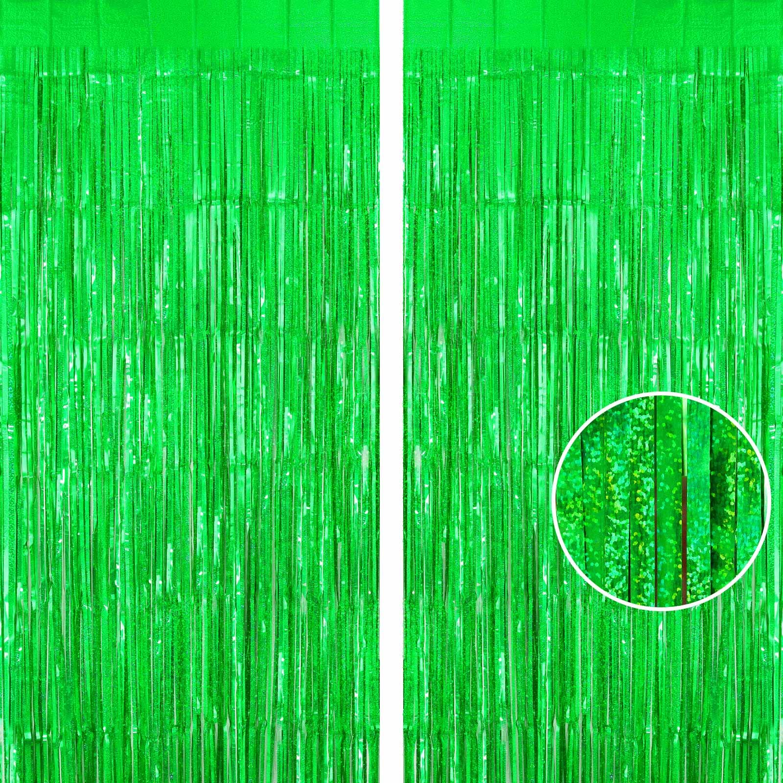 Green Tinsel Foil Fringe Curtain Backdrop, 3.3 X 8.2 Ft Metallic Glitter Curtain Streamers, 2 Pack Green Photoboth For Birthday