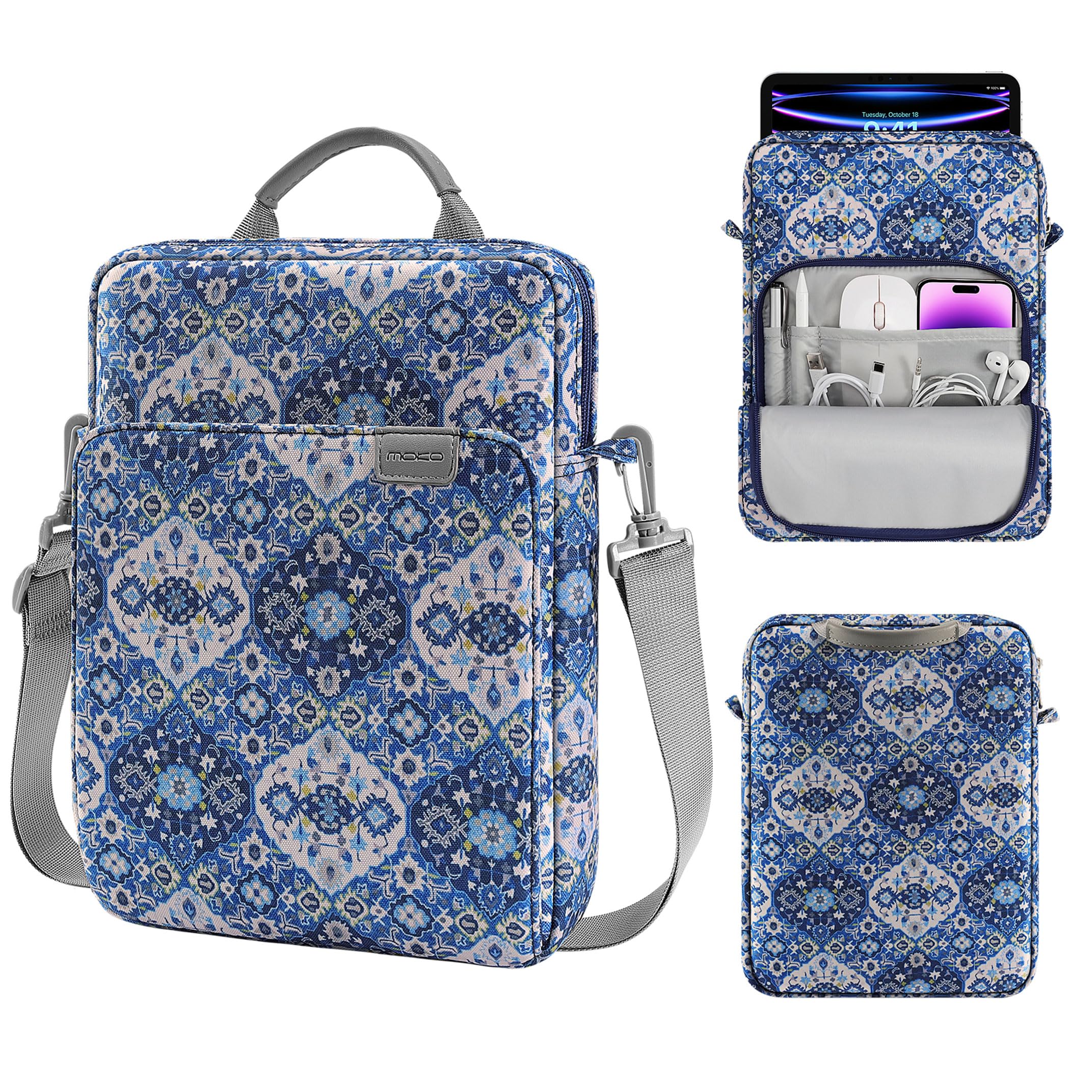 MoKo 9 11 Inch Tablet Sleeve Bag Handle Carrying Case with Shoulder Strap Fits New 11 inch iPad Pro M4/iPad Air M2, iPad 10th 10.9, iPad 9/8/7th 10.2, iPad Air 5/4th 10.9, Tab S8/S9 11, Blue Bohemia