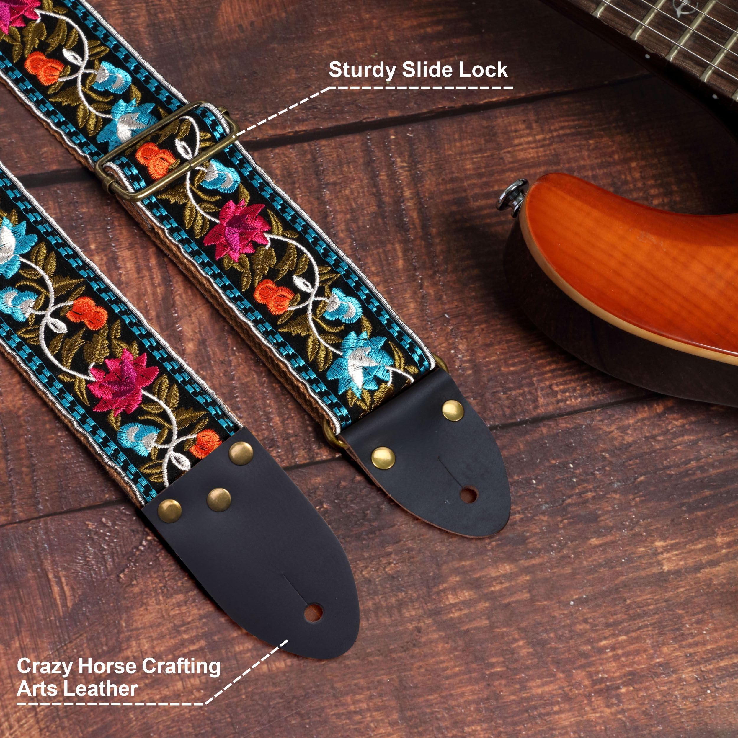 Nefelibata Guitar Strap,Vintage Jacquard Embroidery Cotton Guitar Straps With Crazy Horse Leather Ends For Electric,Acoustic,Com
