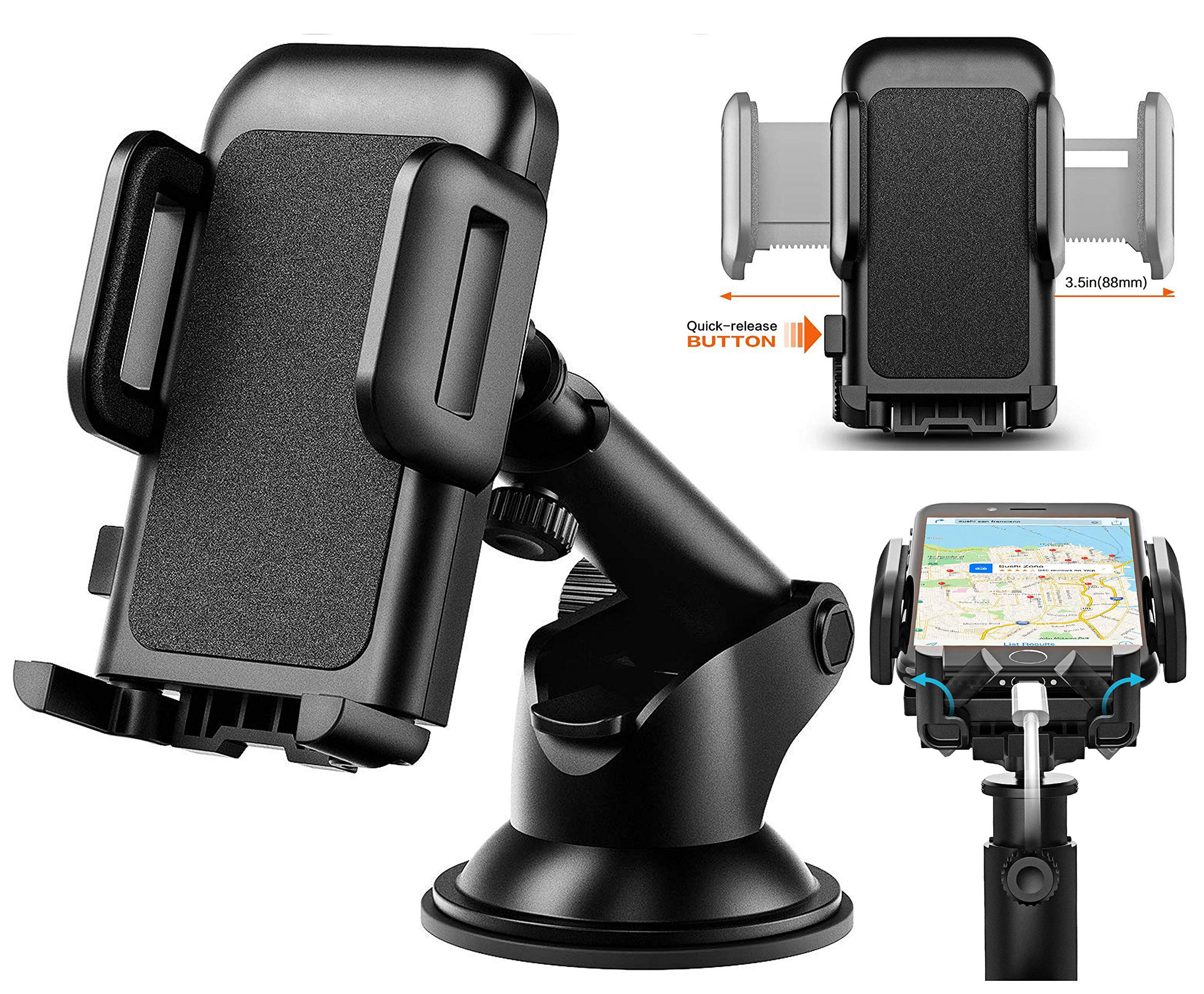 Pokanic Car Cell Phone Mount Adjustable 360 Rotation Stand Holder Three Side Grips Design One Touch Clamp Compatible With Iphone