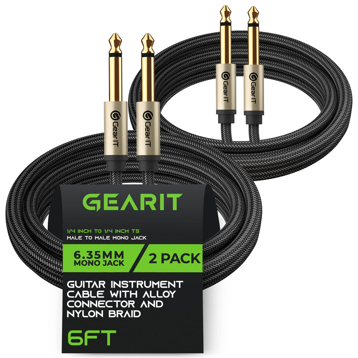 Gearit Guitar Instrument Cable (6Ft 2 Pack) 1/4 Inch To 1/4 Inch Ts Straight Male To Male 6.35Mm Mono Jack With Alloy Connector