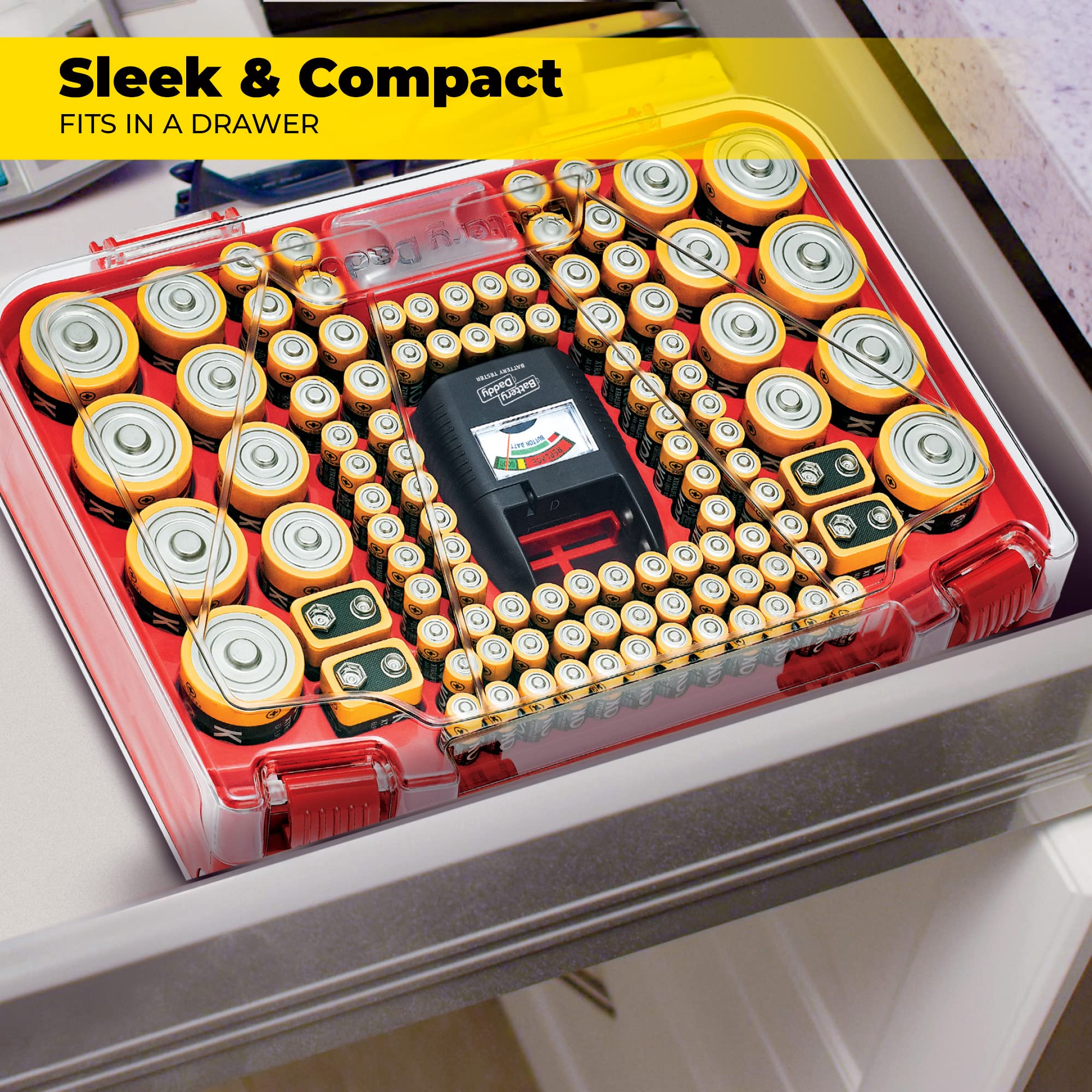 Ontel Battery Daddy Smart   Battery Organizer Storage Case With Tester, Stores & Protects Up To 150 Batteries, Clear Locking Lid