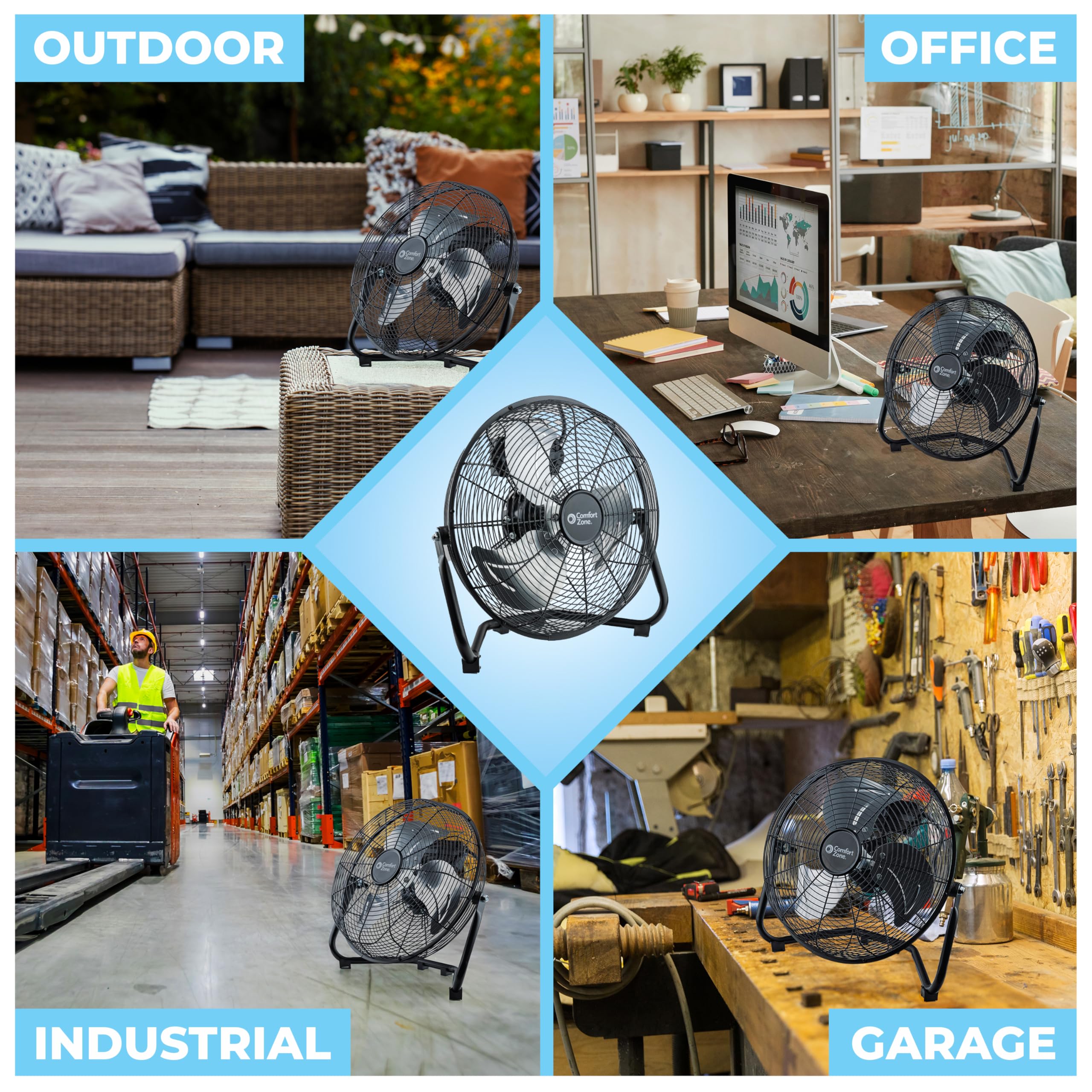 Comfort Zone Cradle Floor Fan, 12 Inch, 3 Speed, High Velocity, 180 Degree Adjustable Tilt, All-Metal, Carry Handle, Rubber Feet