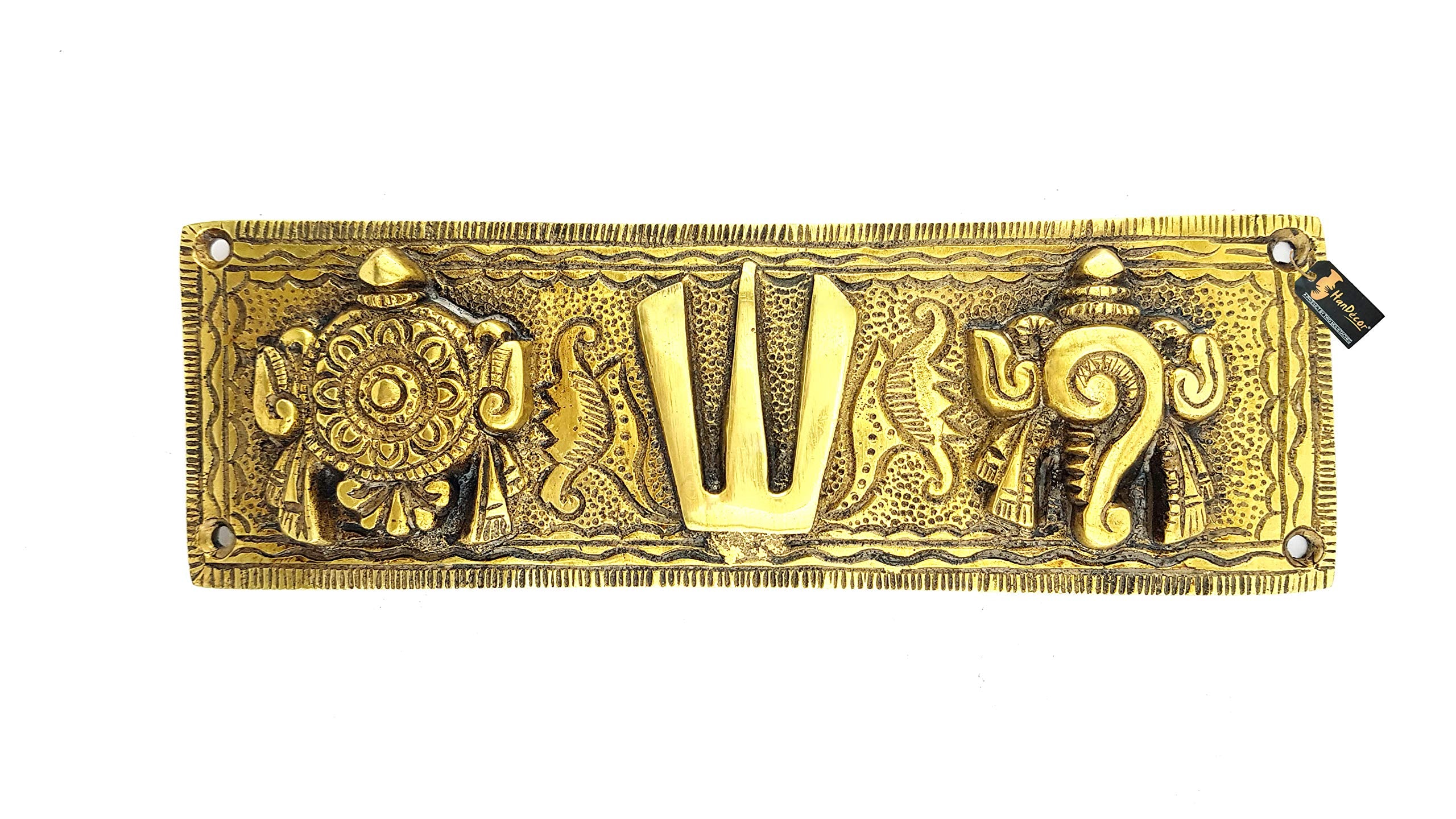 Two Moustaches Brass Shankh Chakra Namah Wall Hanging, Wall Decor, Yellow