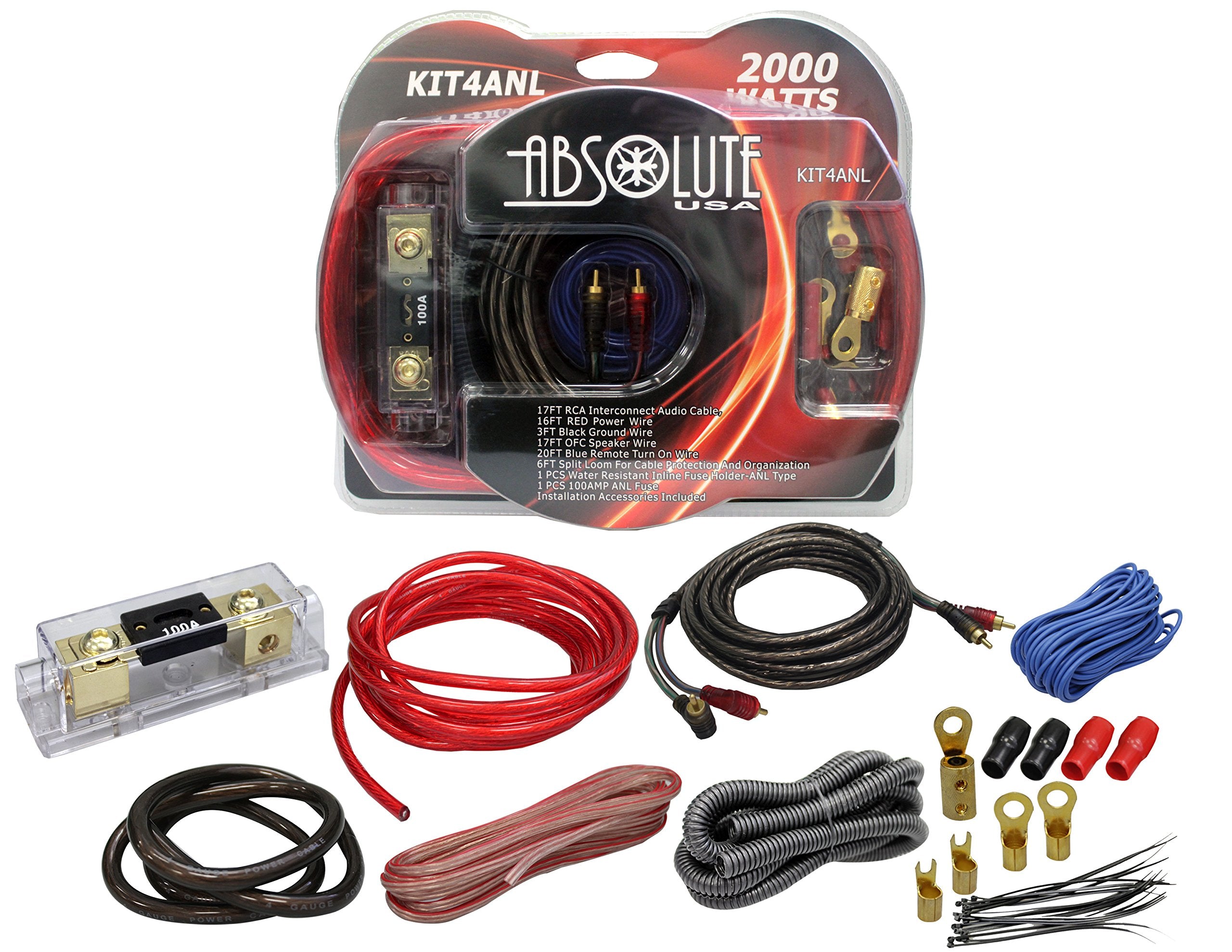 Absolute Usa Kit4Anl 4 Gauge 2000W P.M.P.O Complete Amplifier Hookup Kit