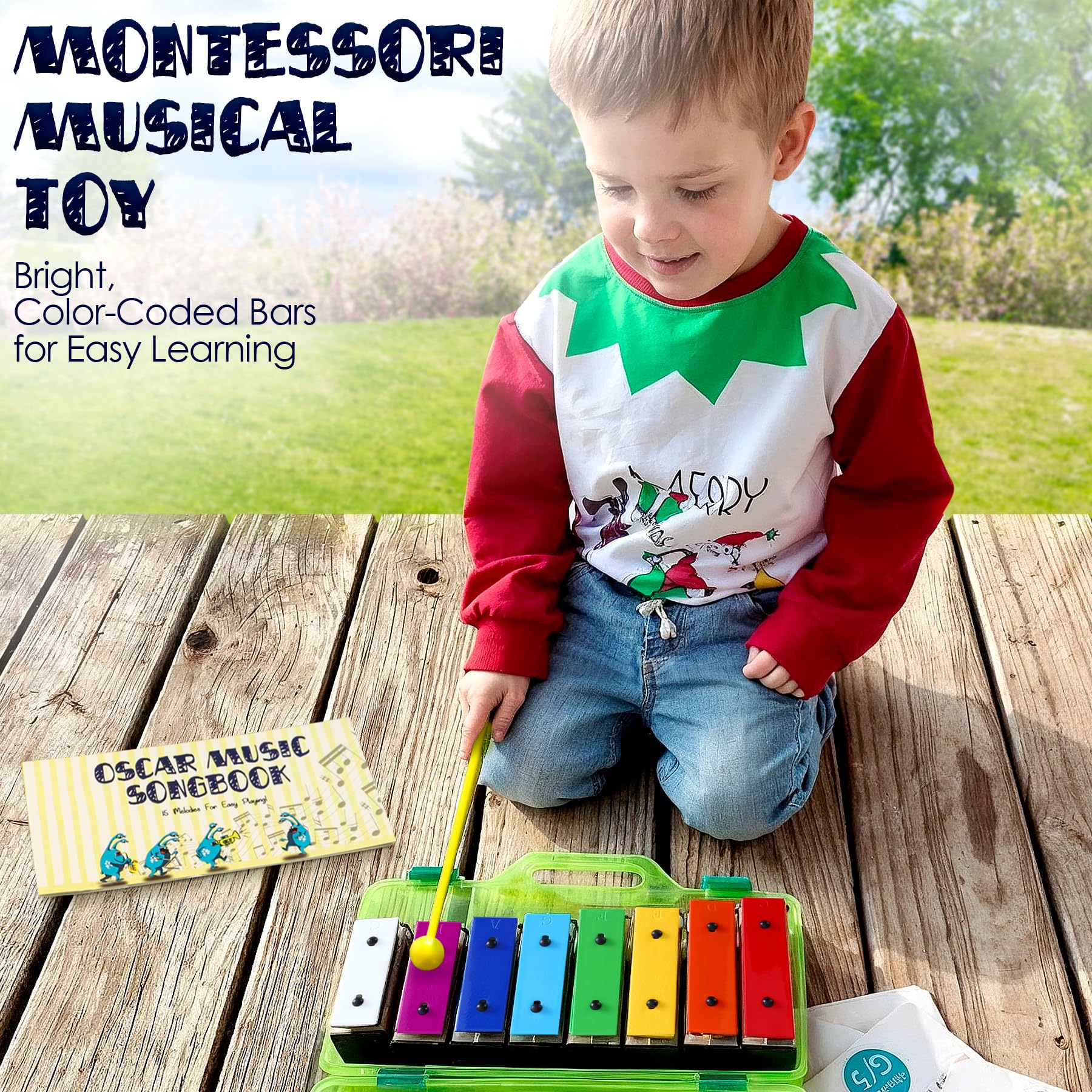 Miniartis Xylophone Glockenspiel 8 Notes Chromatic Resonator Bells For Kids Music Songbook With Green Case Great Holiday Birthda