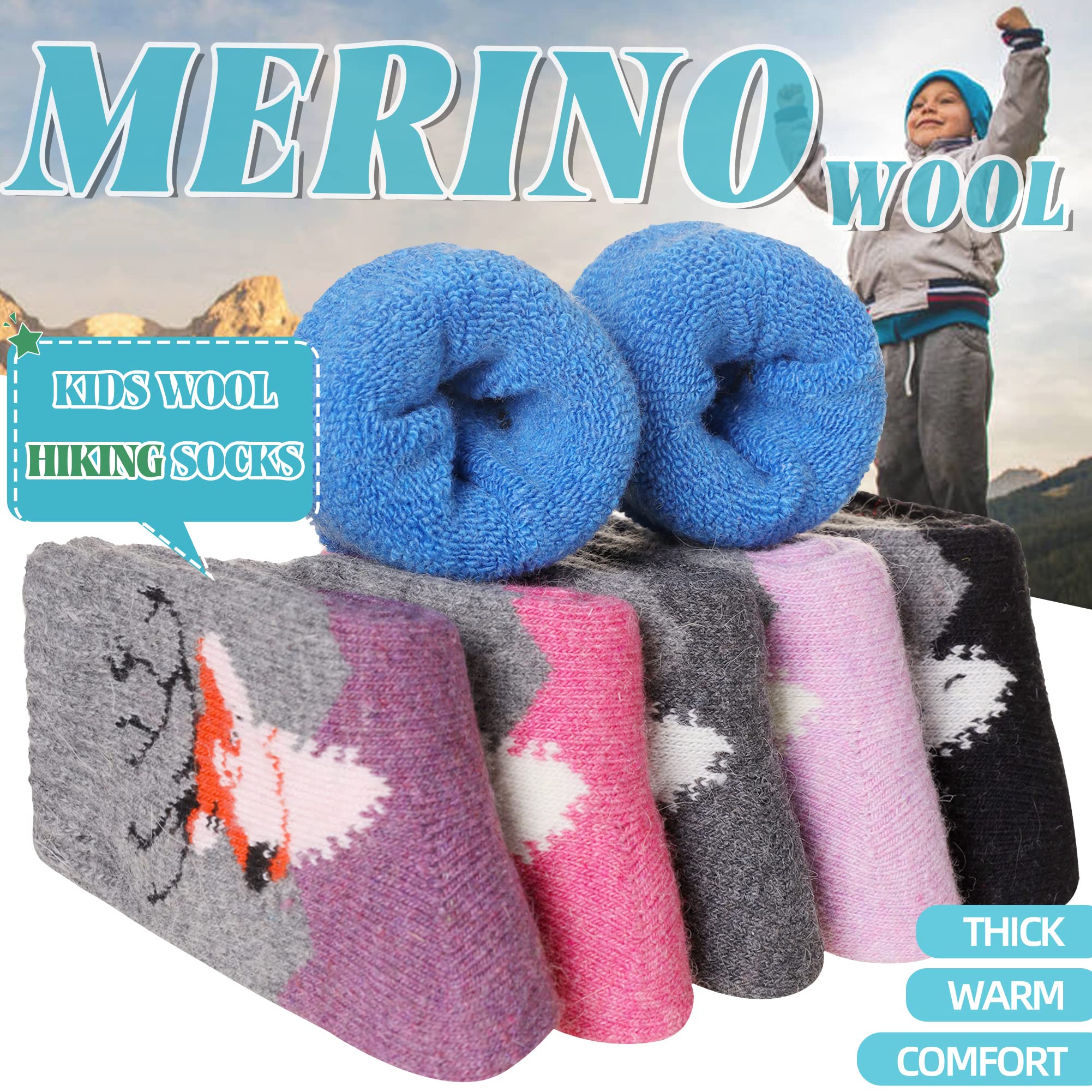 Eocom 6 Pairs Childrens Winter Warm Wool Socks Kids Toddlers Boys Girls Thermal Thick Boot Cozy Crew Socks (4 7 Years, Deer)