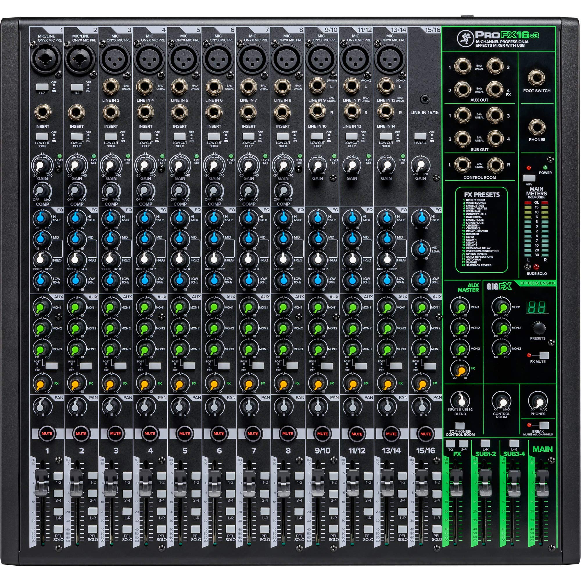 Mackie Profx16V3 16-Channel Professional Analog Mixer With Usb, Onyx Mic Preamps And Gigfx Effects Engine