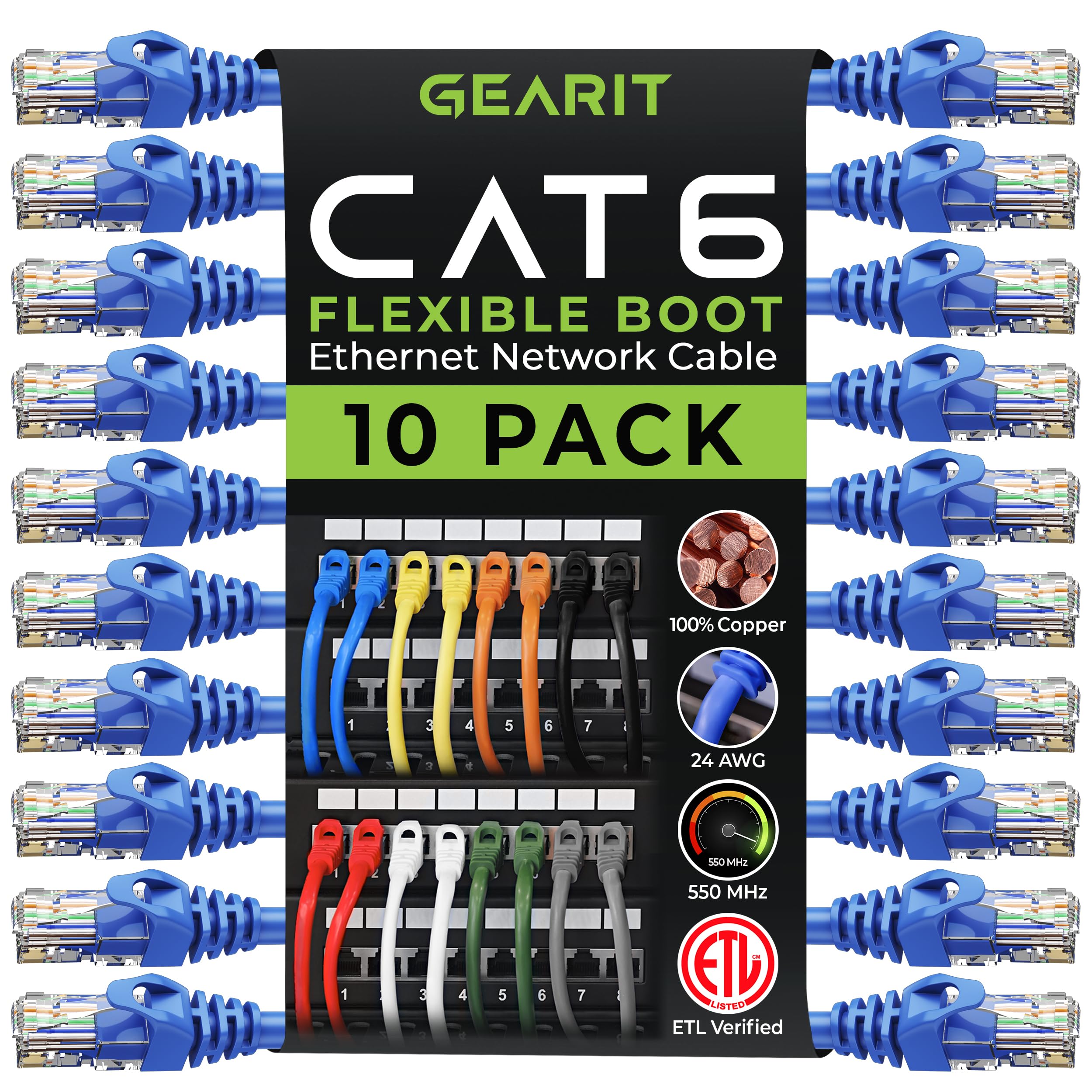 Gearit 10 Pack Cat6 Patch Cable 10 Feet Cat 6 Ethernet Cable Snagless Flexible Soft Tab   Preimum Series   Blue