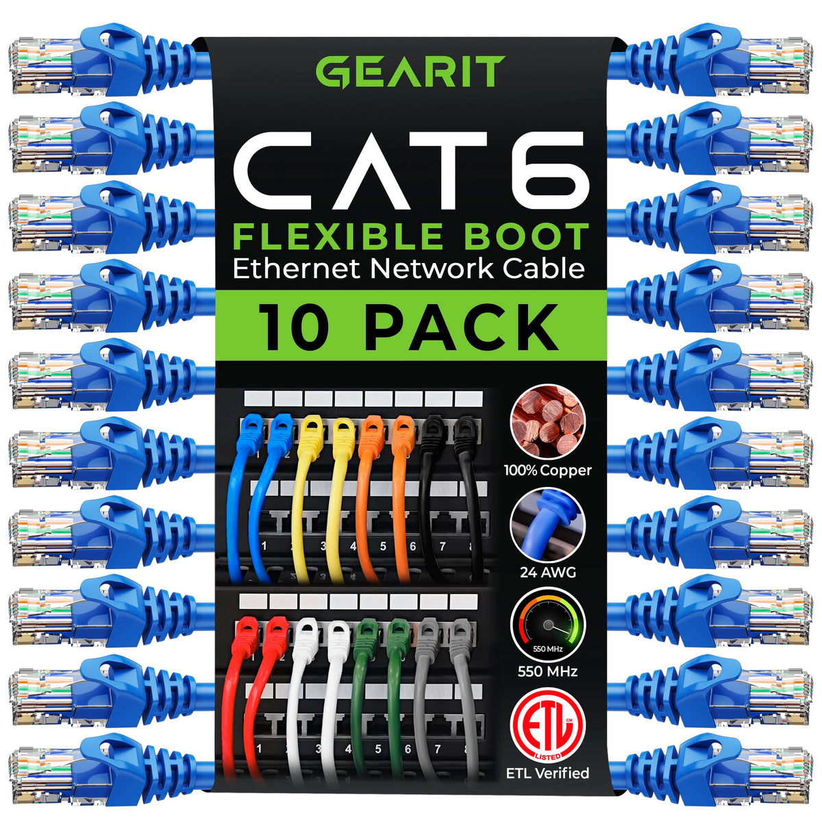 Gearit 10 Pack Cat6 Patch Cable 10 Feet Cat 6 Ethernet Cable Snagless Flexible Soft Tab   Preimum Series   Blue
