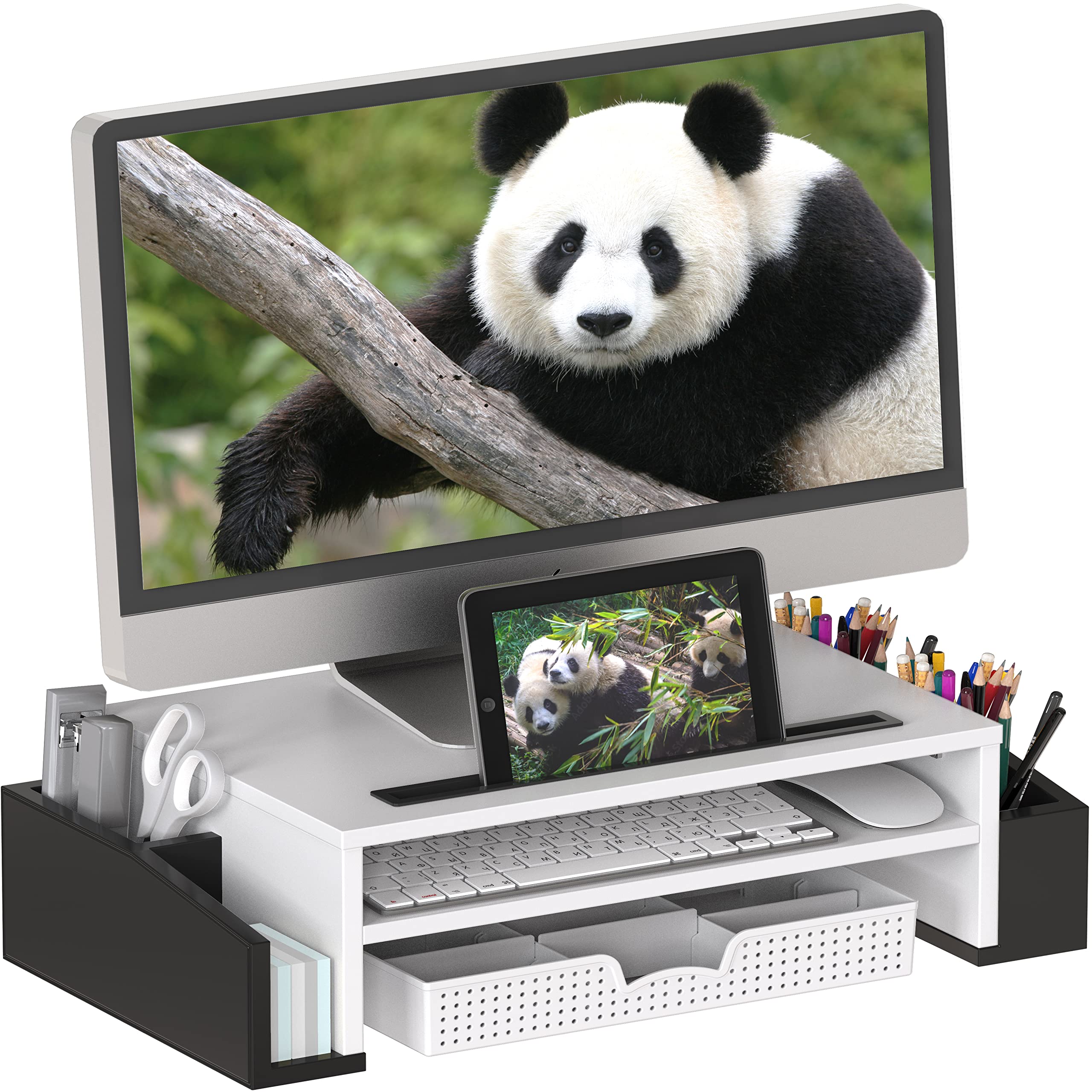 Simple Houseware Desk Monitor Stand Riser with Adjustable Organizer Tray, Dual Tone   Black / White