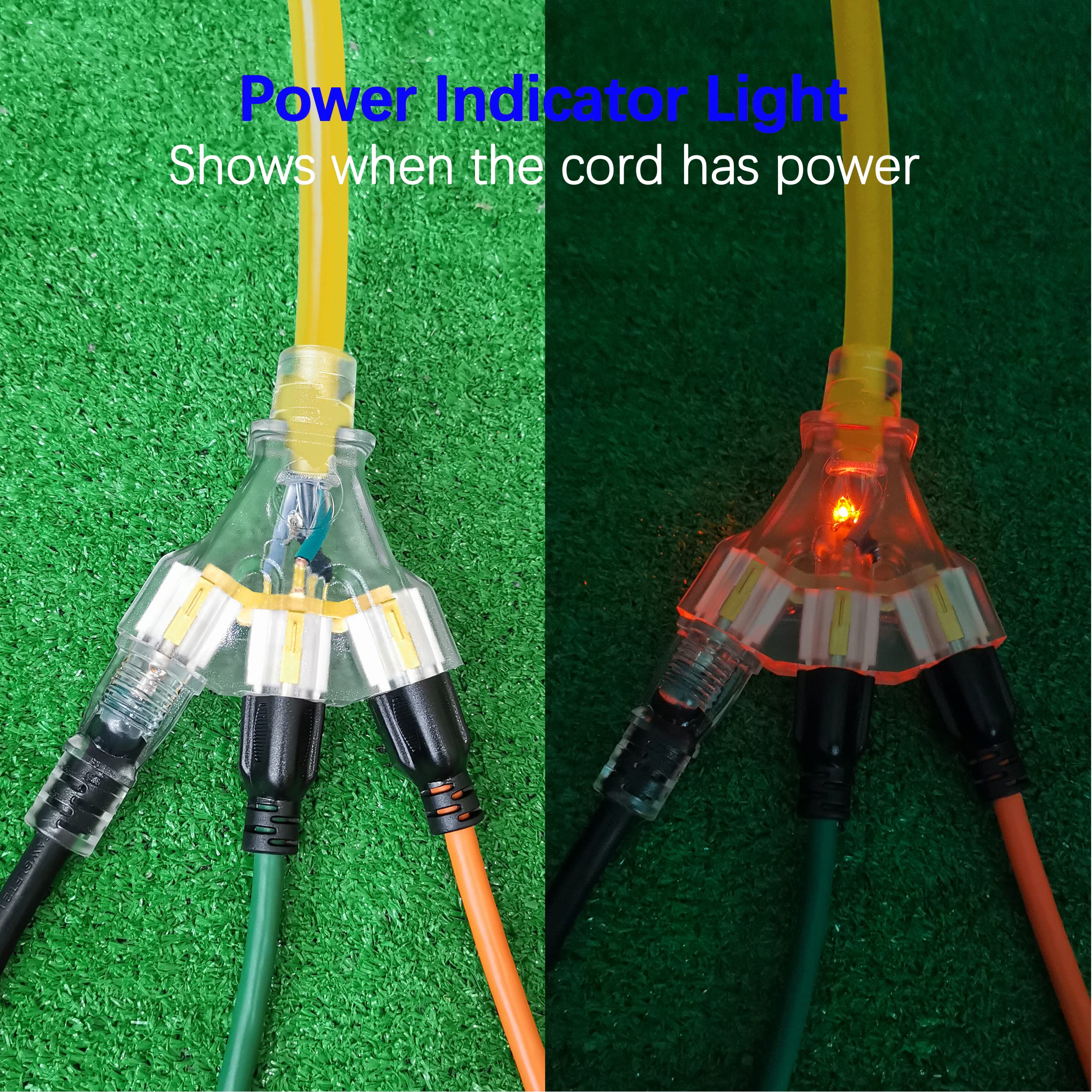 Clear Power 150Ft 12/3 Sjtw 15Amps Yellow Outdoor Extension Cord W/Power Indicator Light & 2Ft 12/3 Stw Yellow Outdoor 3 Outlet