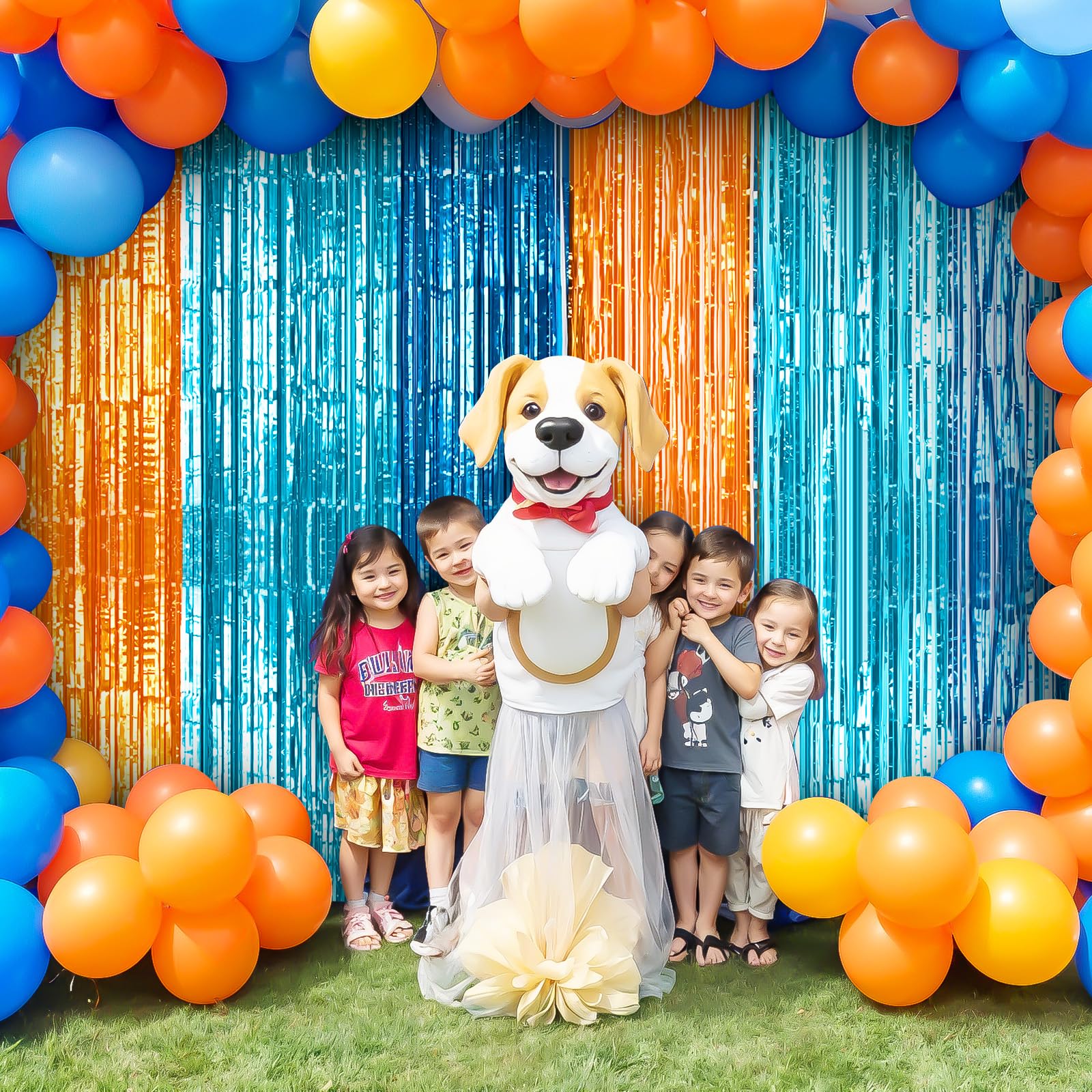 Blue Dog Party Decorations, 2 Packs Of 3.3X6.6 Ft Blue And Orange Foil Fringe Curtains, Blue Orange And Light Blue Tinsel Backdr