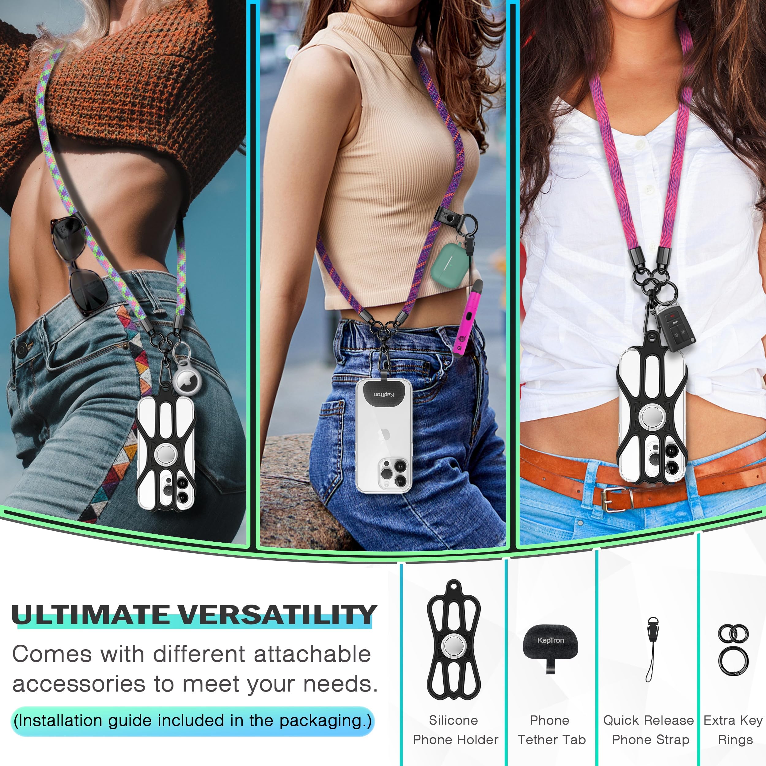 Kaptron Universal Cell Phone Lanyard: Adjustable Crossbody Cell Phone Strap With Silicone Phone Holder And Phone Tethers