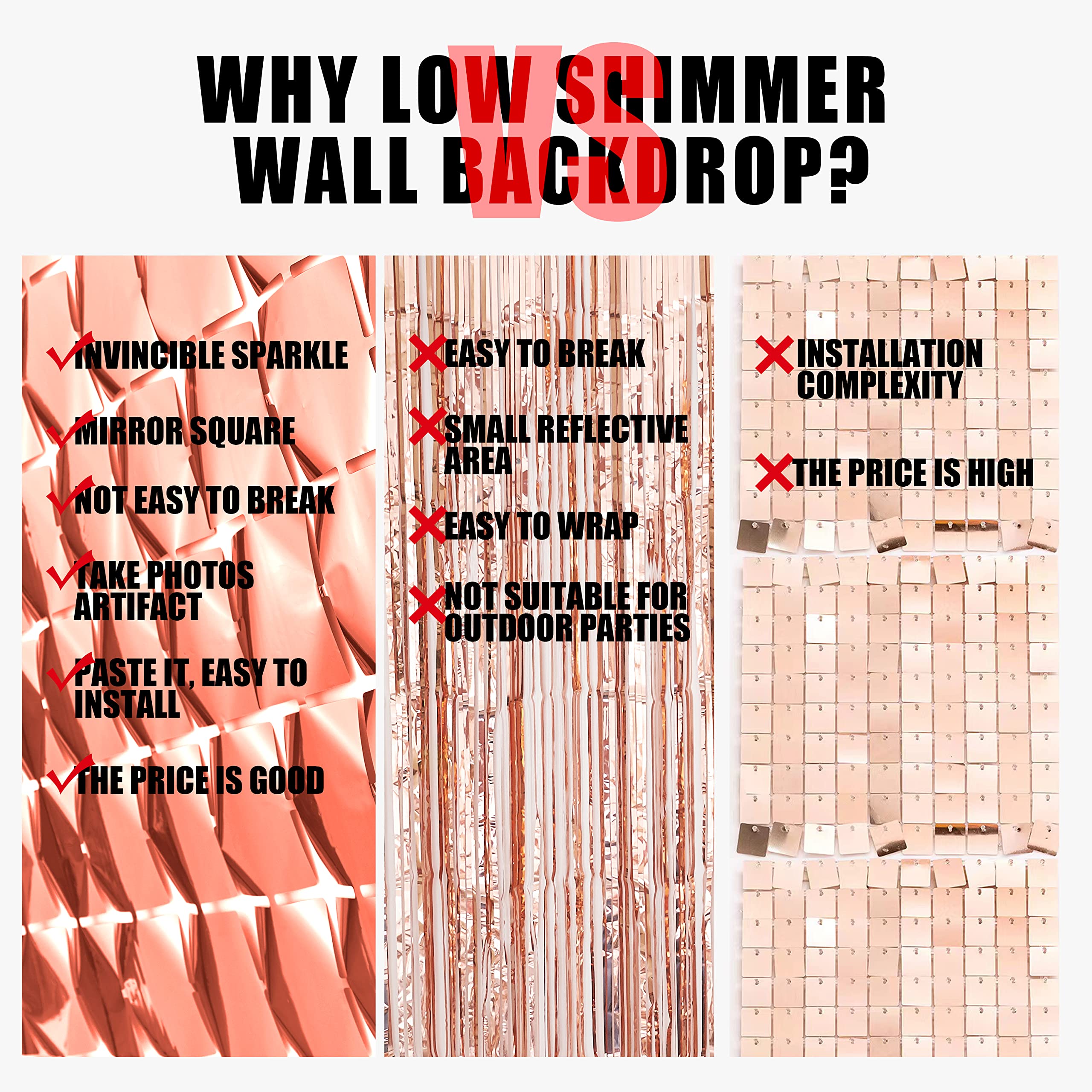 Rose Gold Shimmer Wall Backdrop, Square Backdrop Curtain,2Pcs 3.3X6.6 Feet Rose Gold Streamer Backdrop For Party Decorations