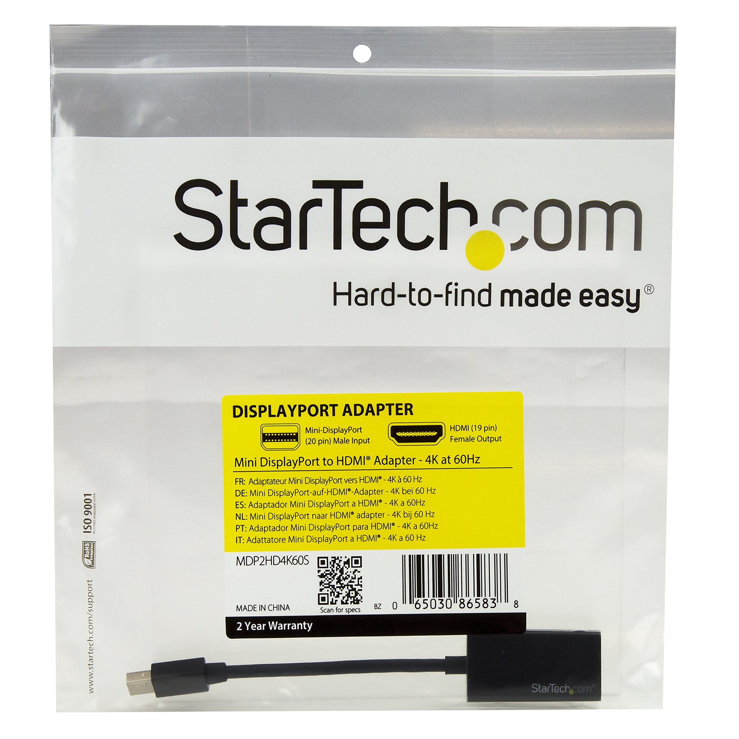 Startech.Com Mini Displayport To Hdmi Adapter   Active Mdp 1.4 To Hdmi 2.0 Video Converter   4K 60Hz   Mini Dp Or Thunderbolt 1/