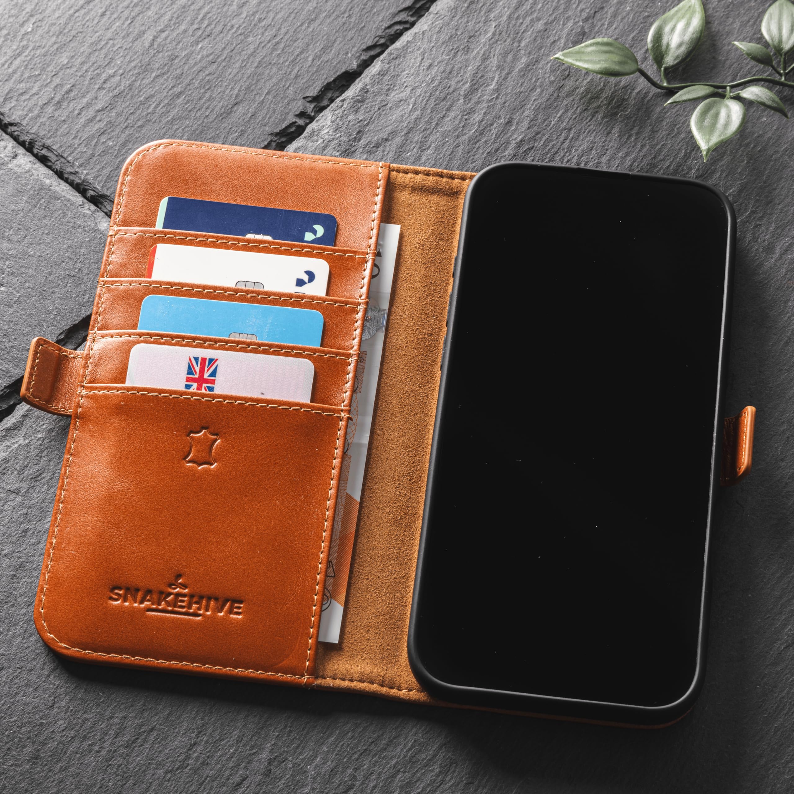 Snakehive Leather Wallet For Iphone 16 - Real Leather Wallet Phone Case - Genuine Leather With Viewing Stand And 4 Card Holder -