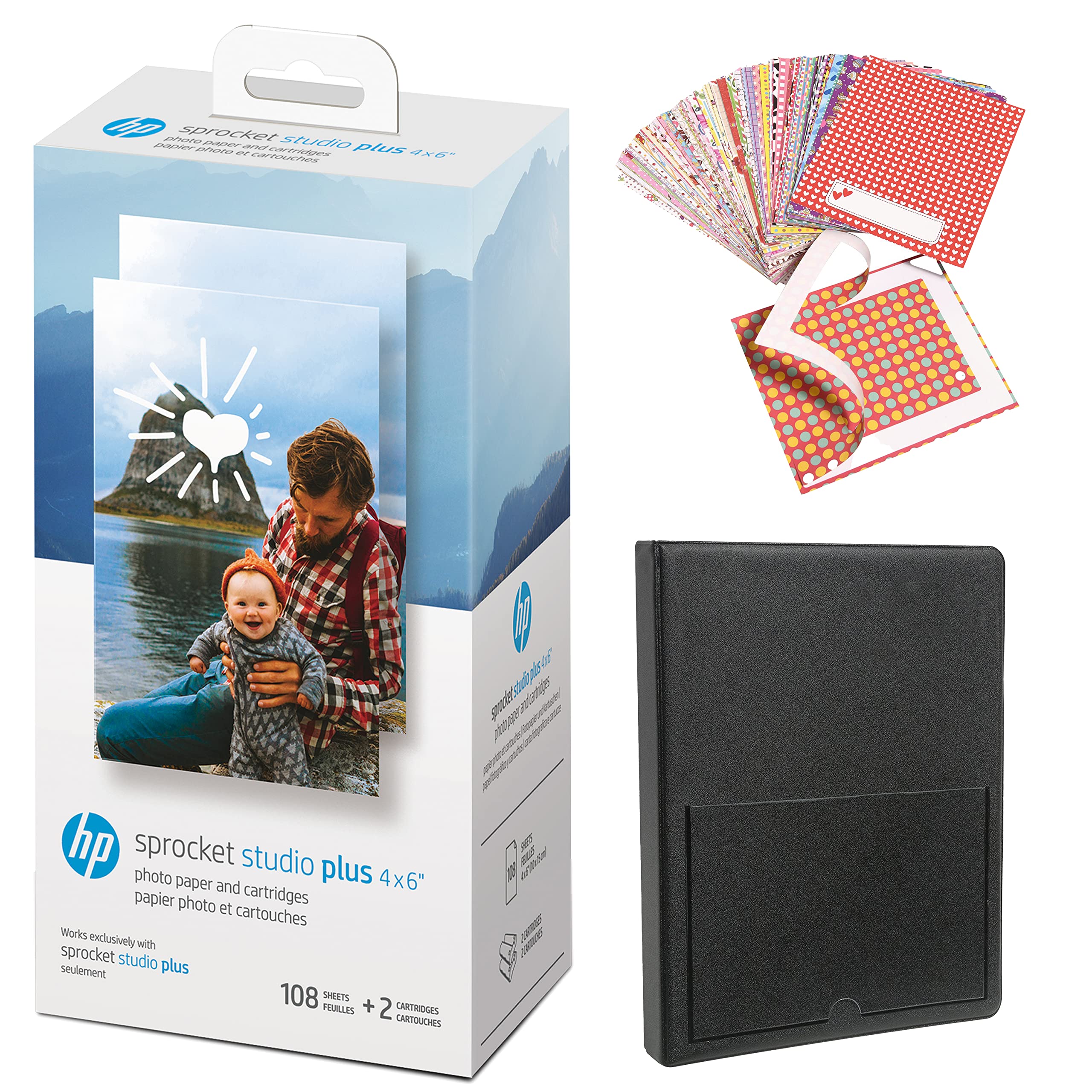 HP Sprocket Studio Plus 4 x 6    Photo Paper and Cartridges Starter Bundle: Includes 108 Sheets and 2 Cartridges, Sticker Frames