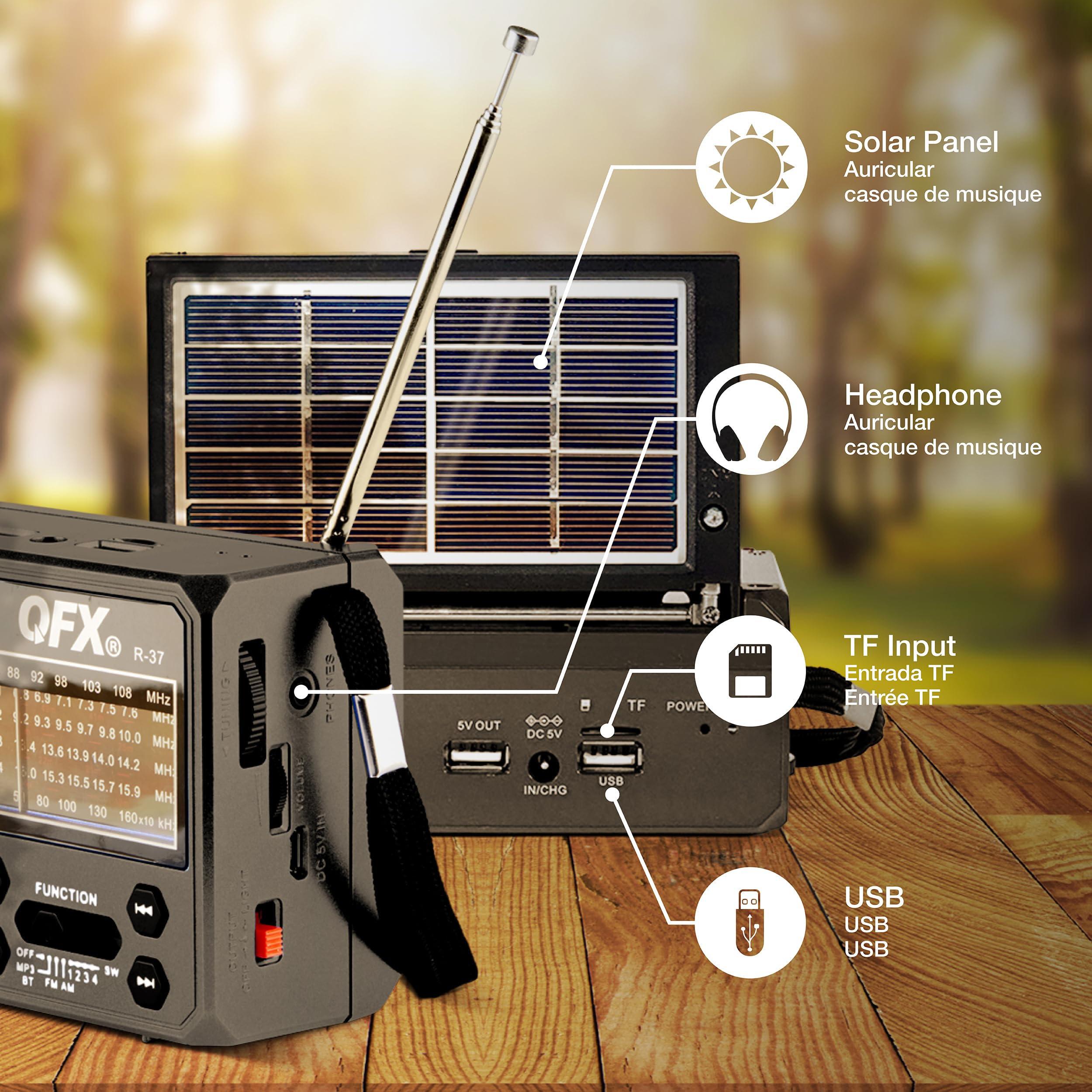 Qfx R 37 6 Band (Am, Fm, Sw1   Sw4) Bluetooth Led Flashlight Solar Radio (2021 Model)