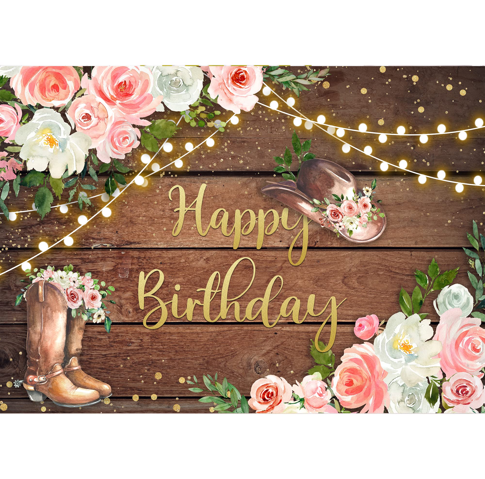 Svbright Cowgirl Birthday Backdrop For Woman 7Wx5H Western Rustic Country Wooden Plank Pink Flower Happy Birthday Baby Shower Wo