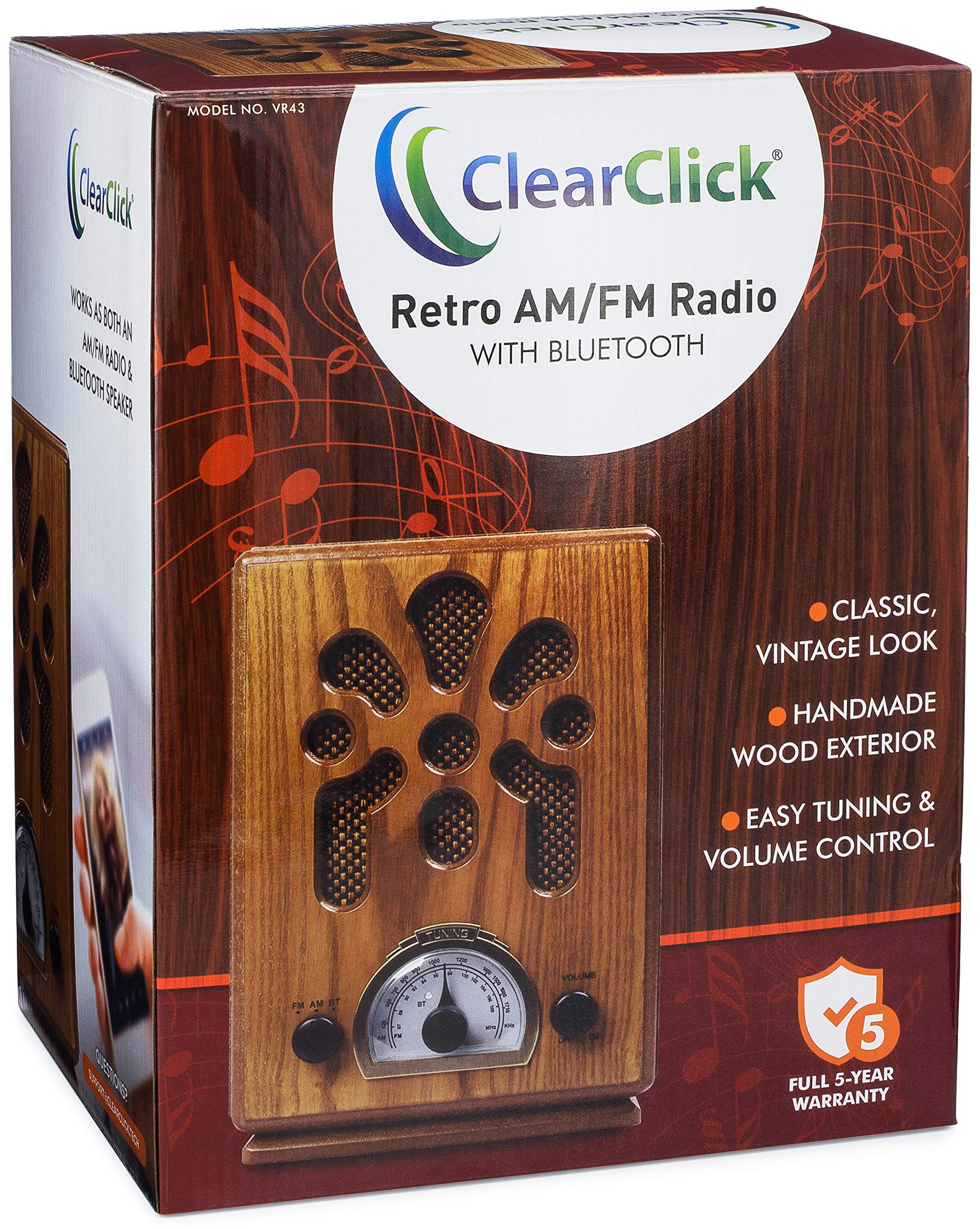 Clearclick Classic Vintage Retro Style Am/Fm Radio With Bluetooth   Handmade Wooden Exterior Brown
